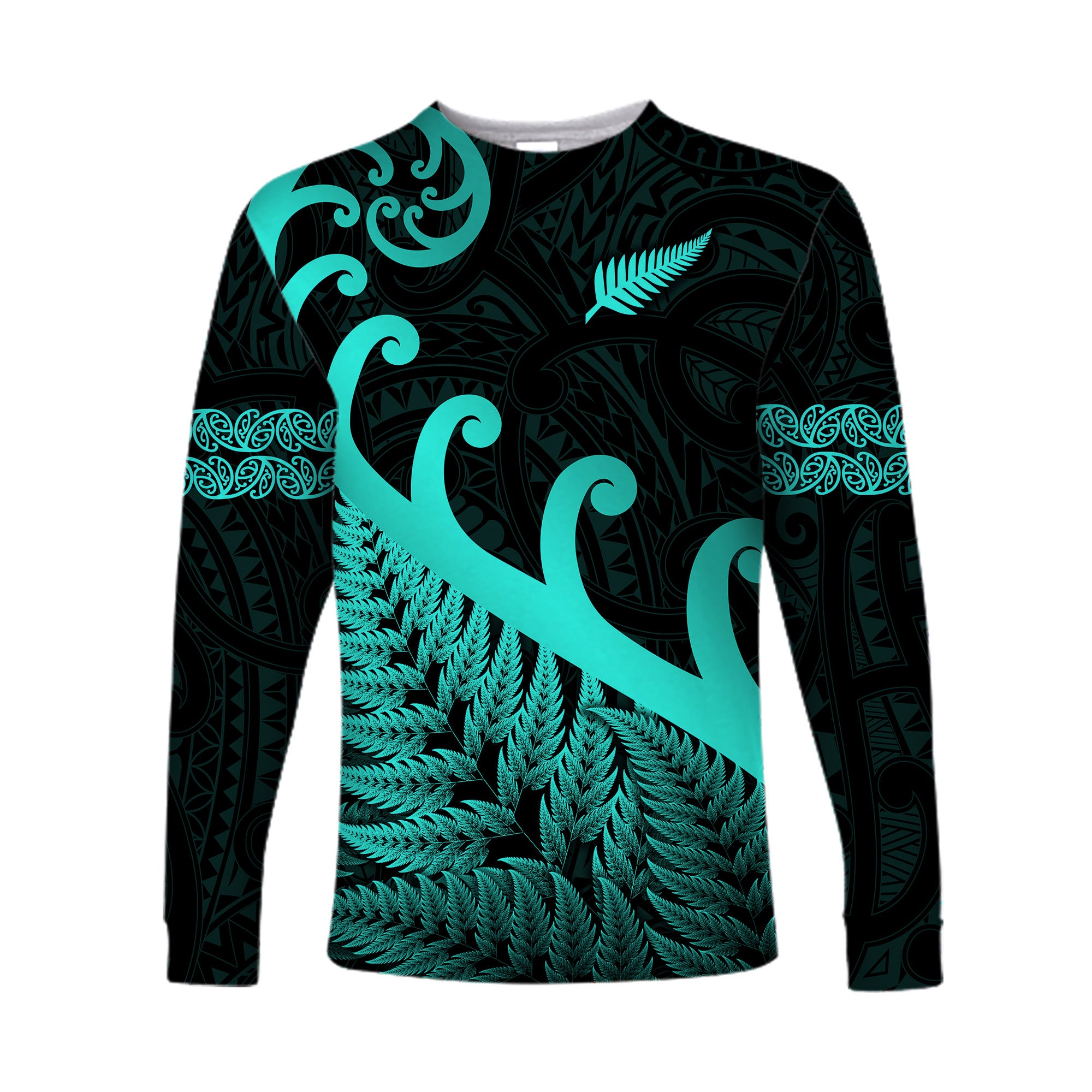 New Zealand Rugby Maori Long Sleeve Shirt Silver Fern Koru Vibes - Turquoise LT8 Unisex Turquoise - Polynesian Pride