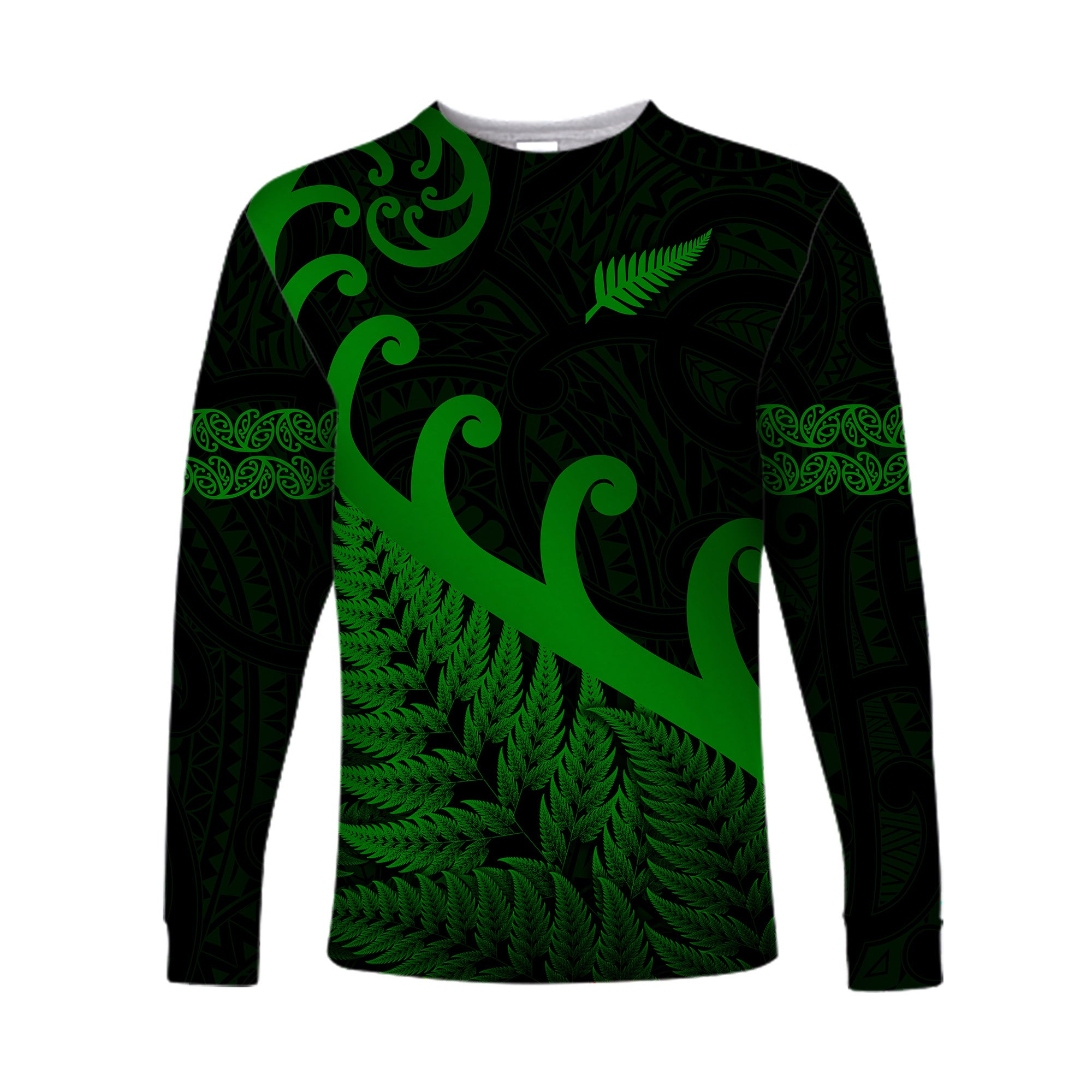 (Custom Personalised) New Zealand Rugby Maori Long Sleeve Shirt Silver Fern Koru Vibes - Green LT8 Unisex Green - Polynesian Pride