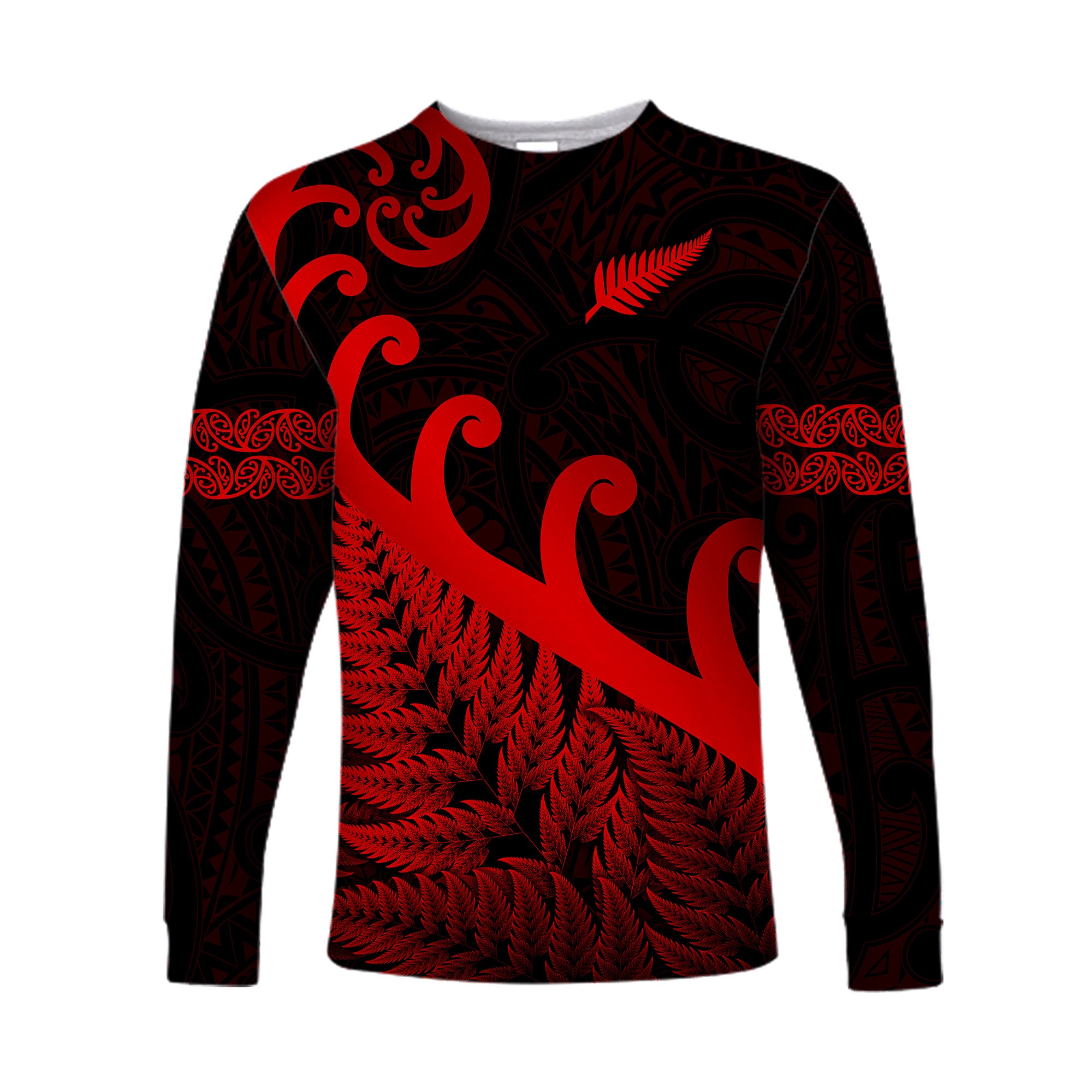 New Zealand Rugby Maori Long Sleeve Shirt Silver Fern Koru Vibes - Red LT8 Unisex Red - Polynesian Pride