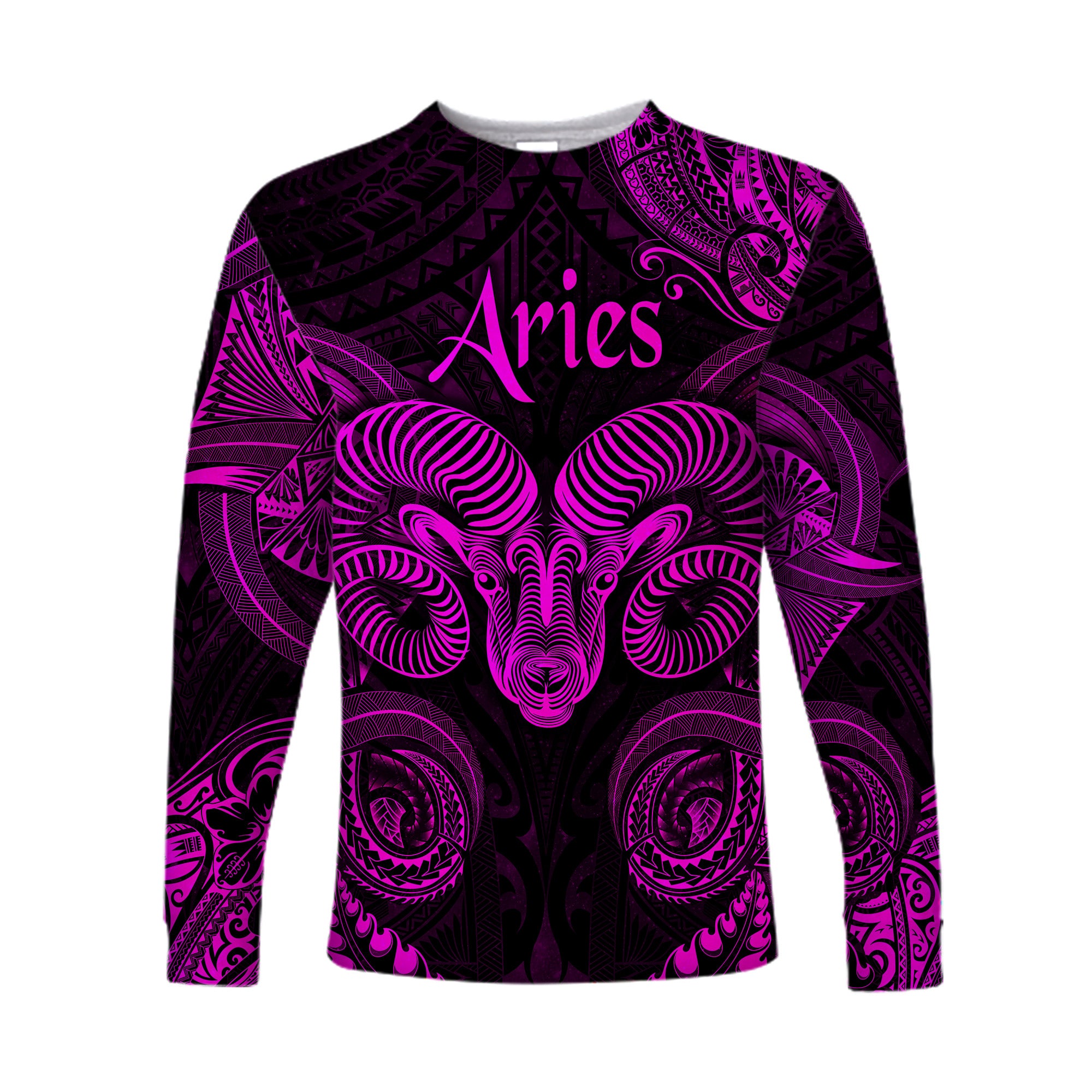 (Custom Personalised) Aries Zodiac Polynesian Long Sleeve Shirt Unique Style - Pink LT8 Unisex Pink - Polynesian Pride