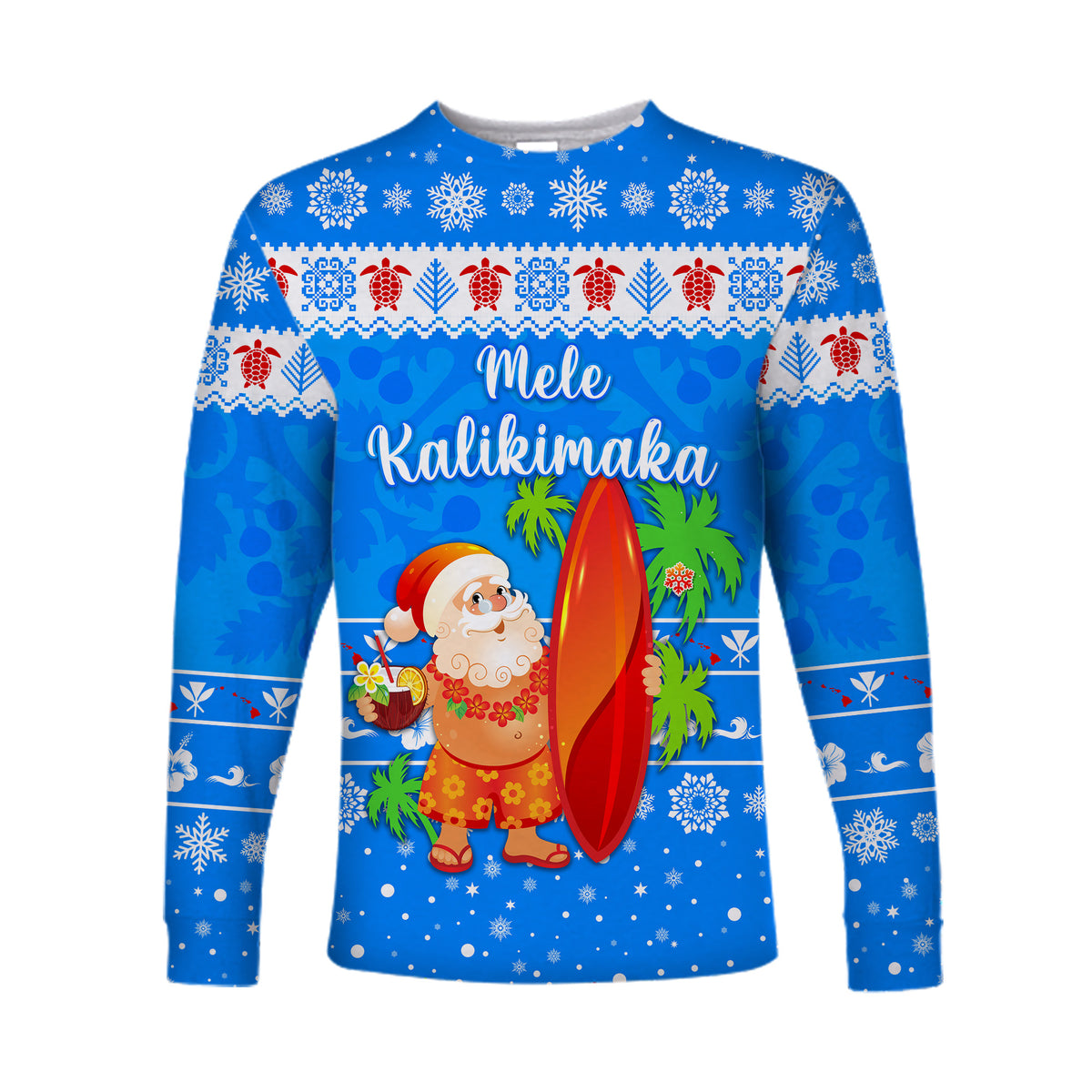 (Custom Personalised) Hawaii Christmas Long Sleeve Shirt Santa Claus Surfing Simple Style - Blue LT8 Unisex Blue - Polynesian Pride