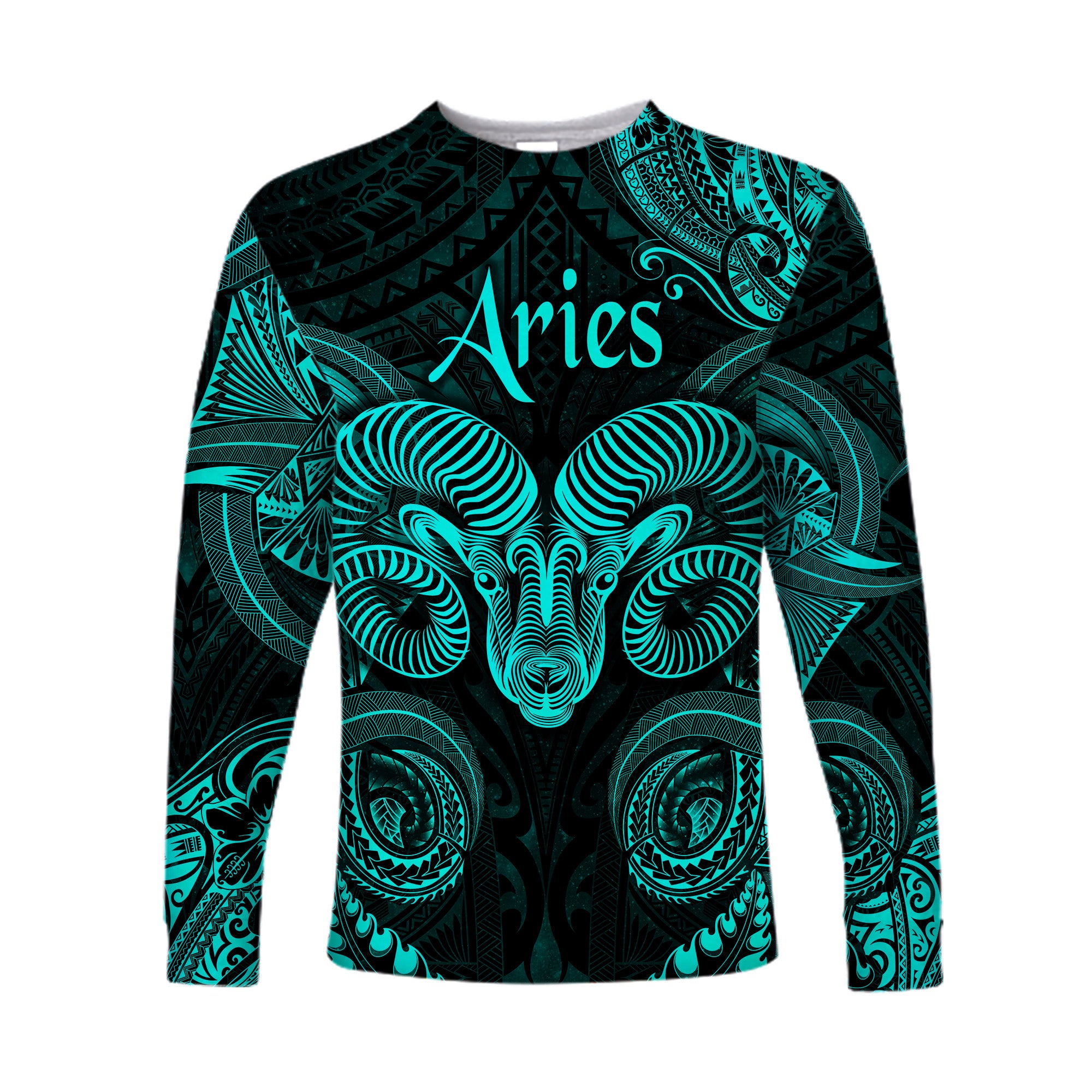 Aries Zodiac Polynesian Long Sleeve Shirt Unique Style - Turquoise LT8 Unisex Turquoise - Polynesian Pride