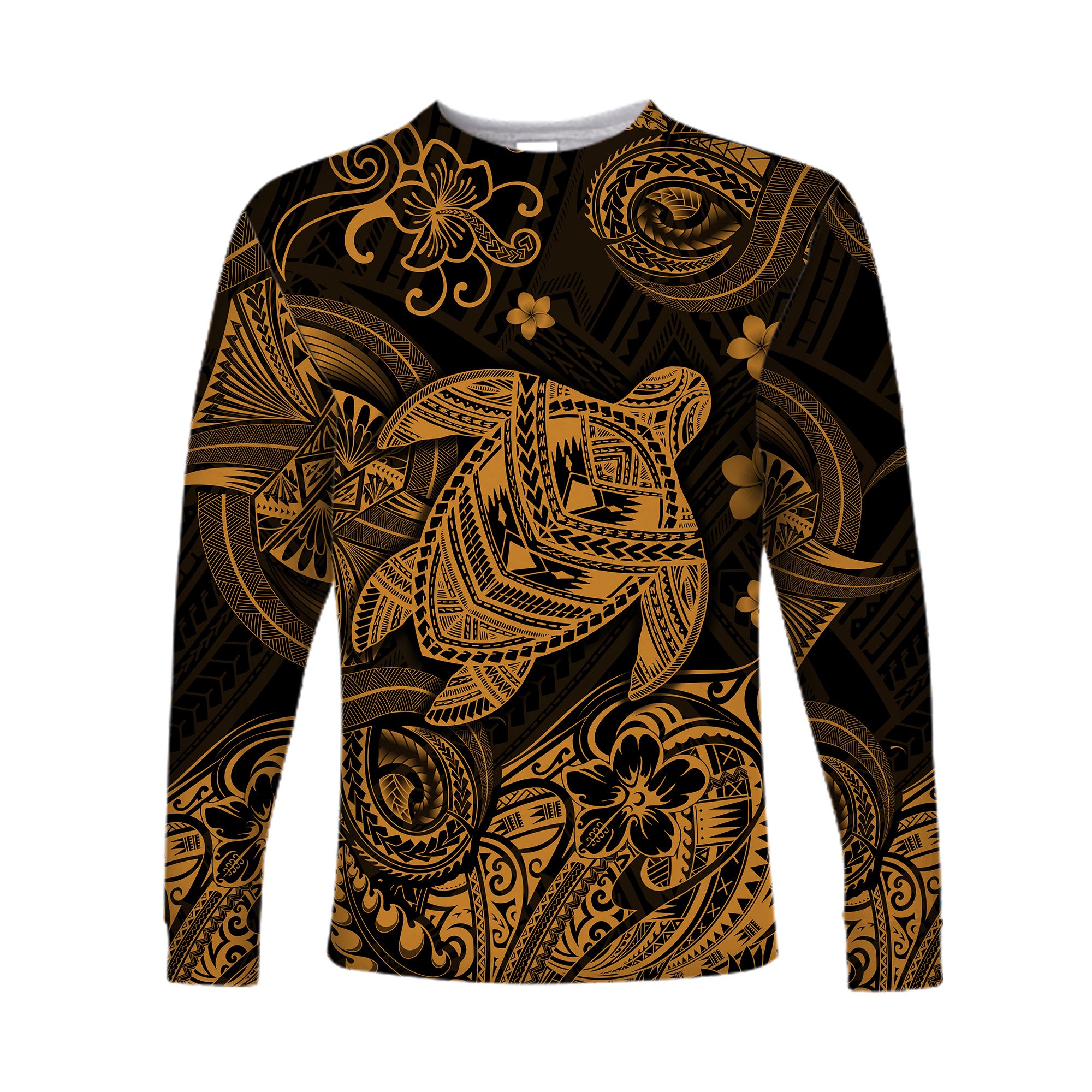 Hawaii Turtle Polynesian Long Sleeve Sirt Plumeria Flower Unique Style - Gold LT8 Unisex Gold - Polynesian Pride