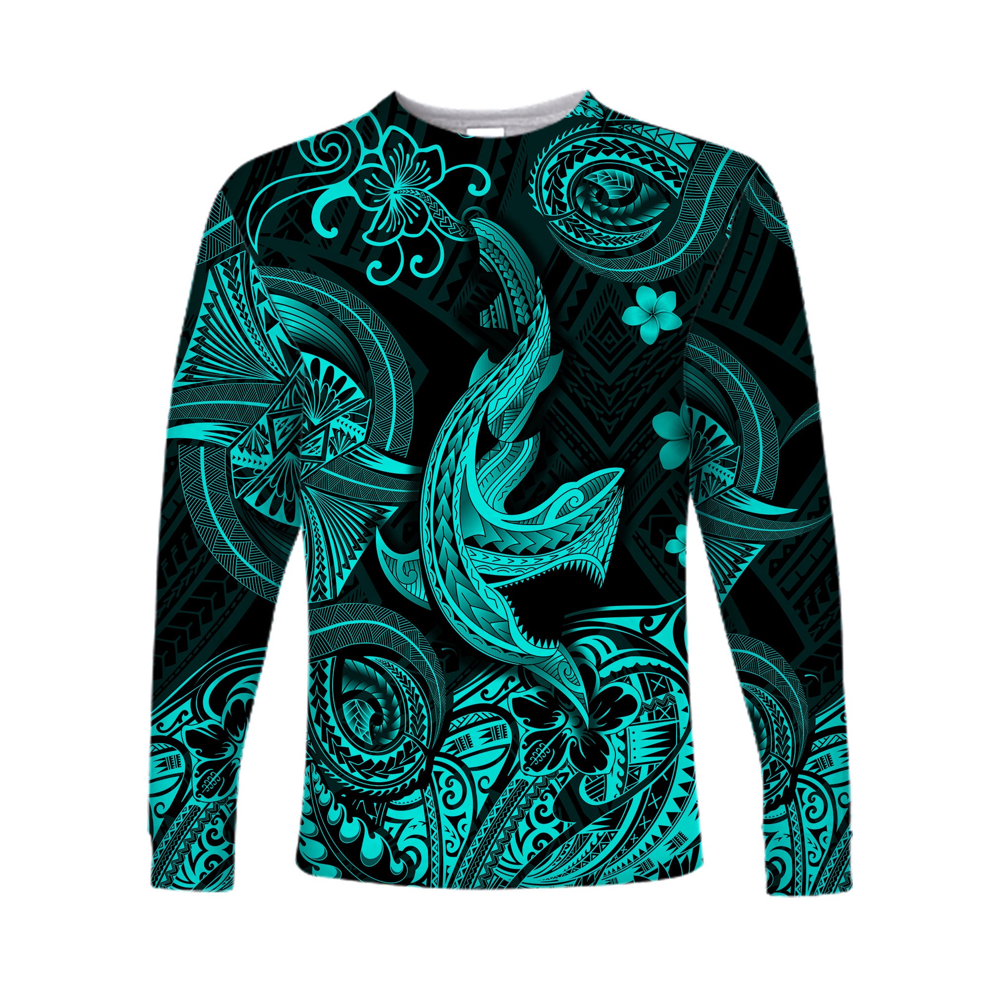 (Custom Personalised) Hawaii Angry Shark Polynesian Long Sleeve Shirt Unique Style - Turquoise LT8 - Polynesian Pride