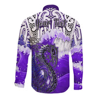 (Custom Personalised) Manaia Maori Long Sleeve Button Shirt Fern Aotearoa Purple Waves LT13 - Polynesian Pride