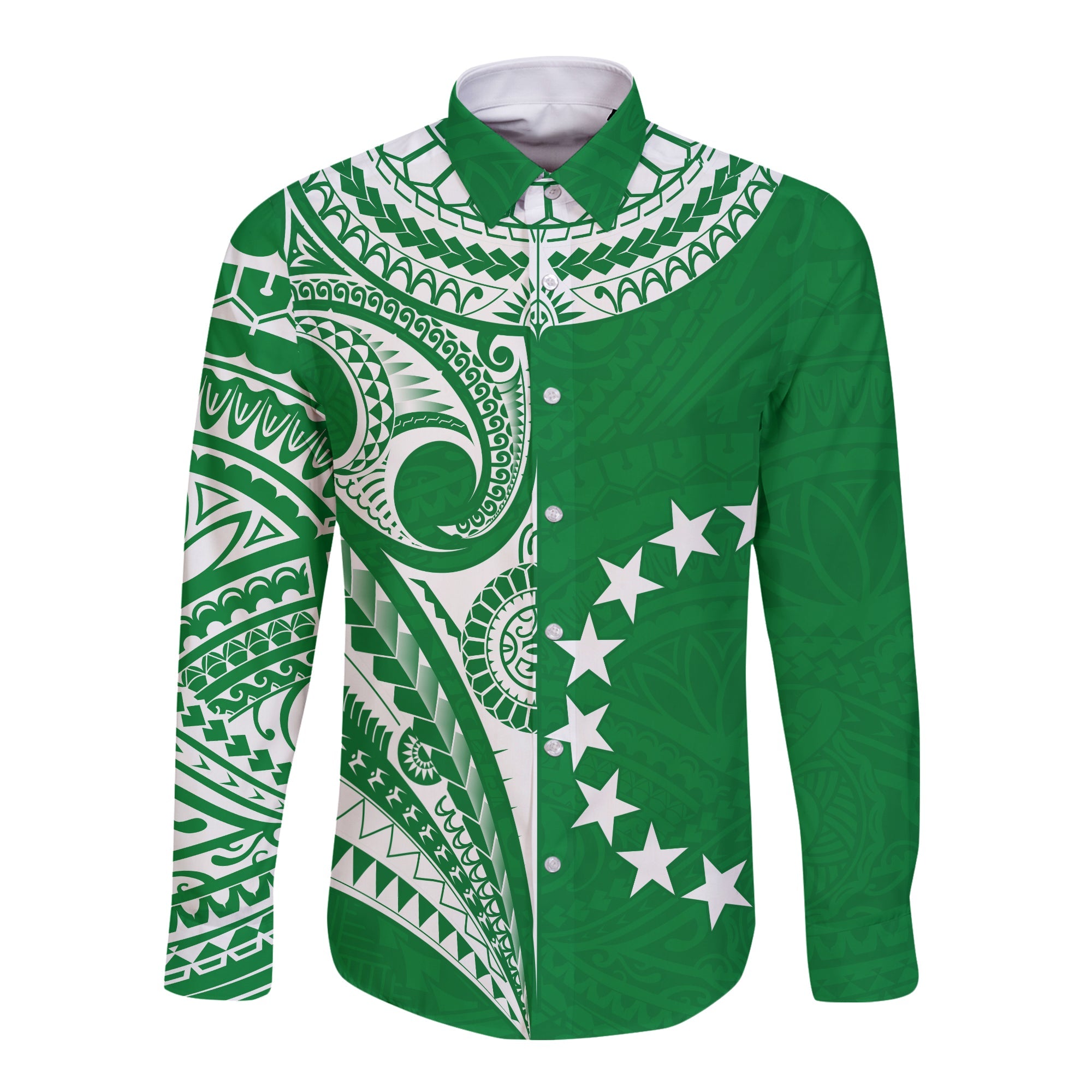 Cook Islands Tatau Long Sleeve Button Shirt Symbolize Passion Stars Version Green LT13 Unisex Green - Polynesian Pride