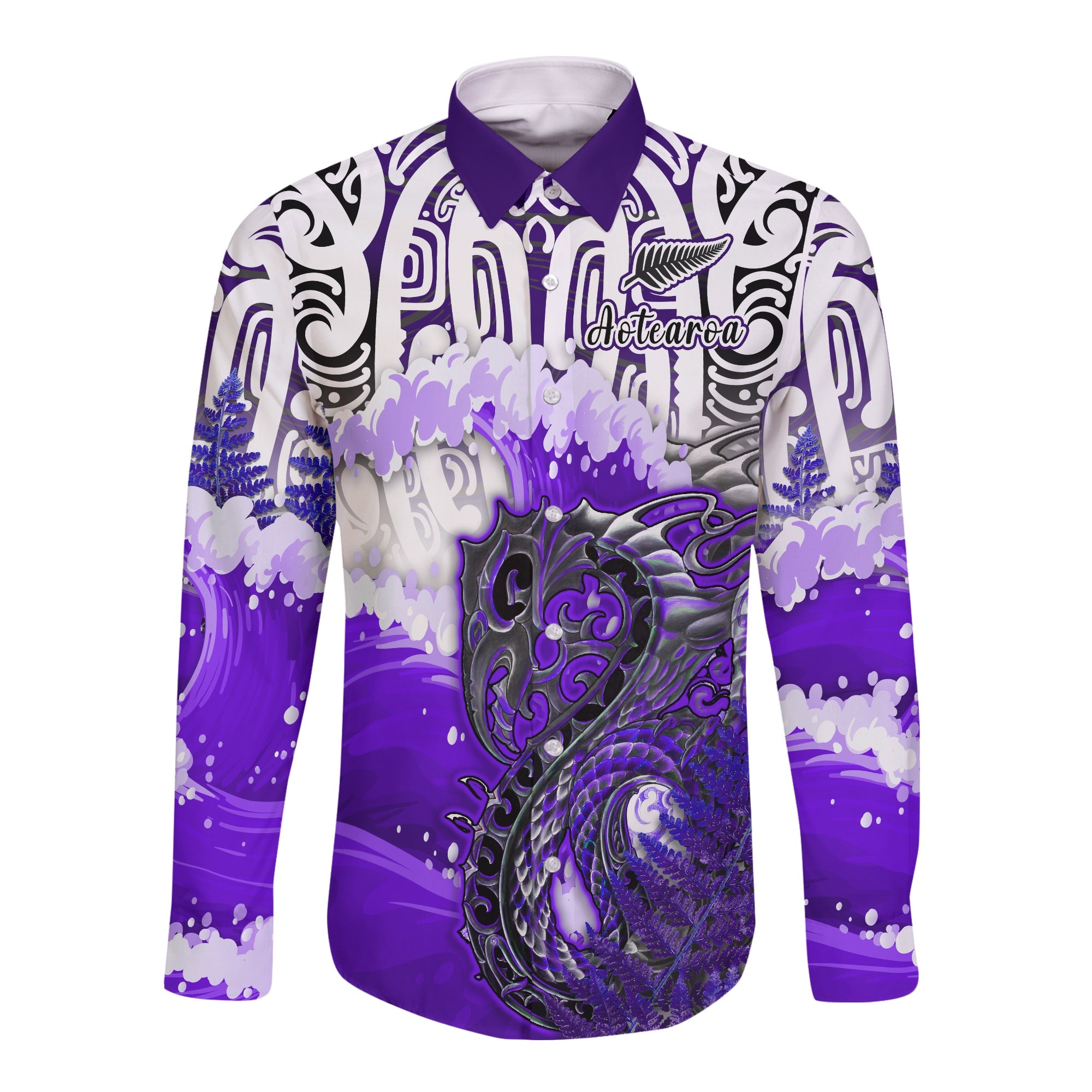 (Custom Personalised) Manaia Maori Long Sleeve Button Shirt Fern Aotearoa Purple Waves LT13 Unisex Purple - Polynesian Pride