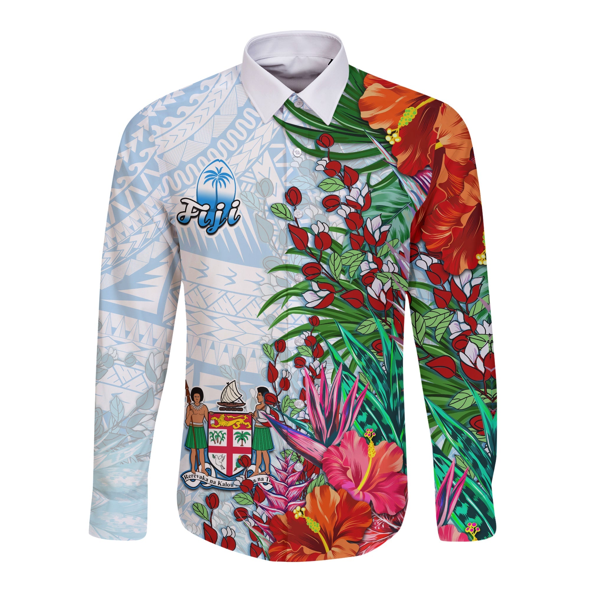 Fiji Long Sleeve Button Shirt Proud Fijian Tapa mix Tagimoucia Flowers LT13 Unisex White - Polynesian Pride