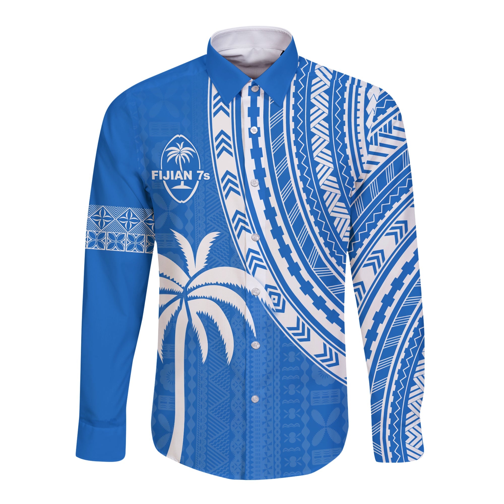 Fiji Rugby Sevens Long Sleeve Button Shirt Fijian 7s Tapa Polynesian Blue Ver.01 LT13 Unisex Blue - Polynesian Pride