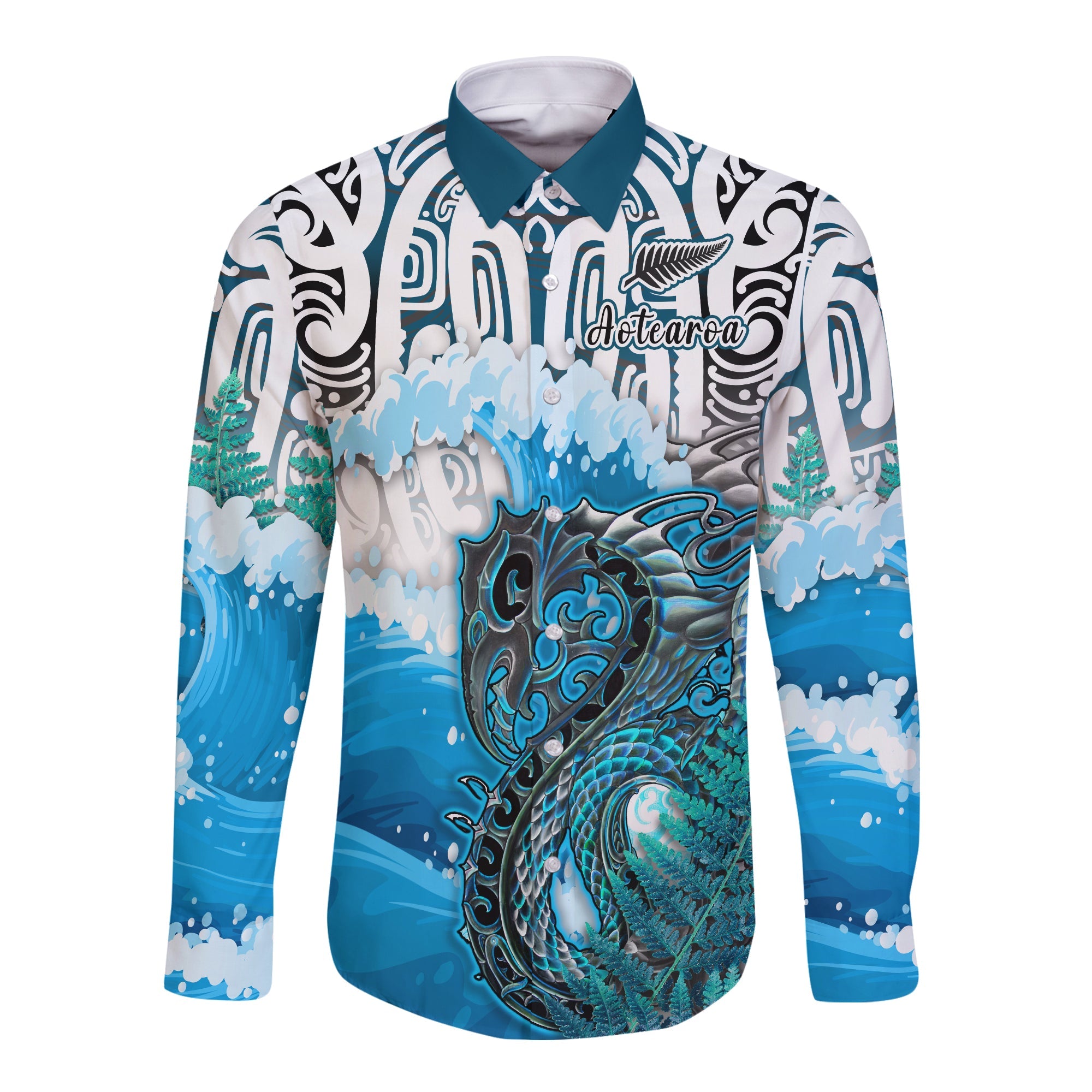 (Custom Personalised) Manaia Maori Long Sleeve Button Shirt Fern Aotearoa Blue Waves LT13 Unisex Blue - Polynesian Pride