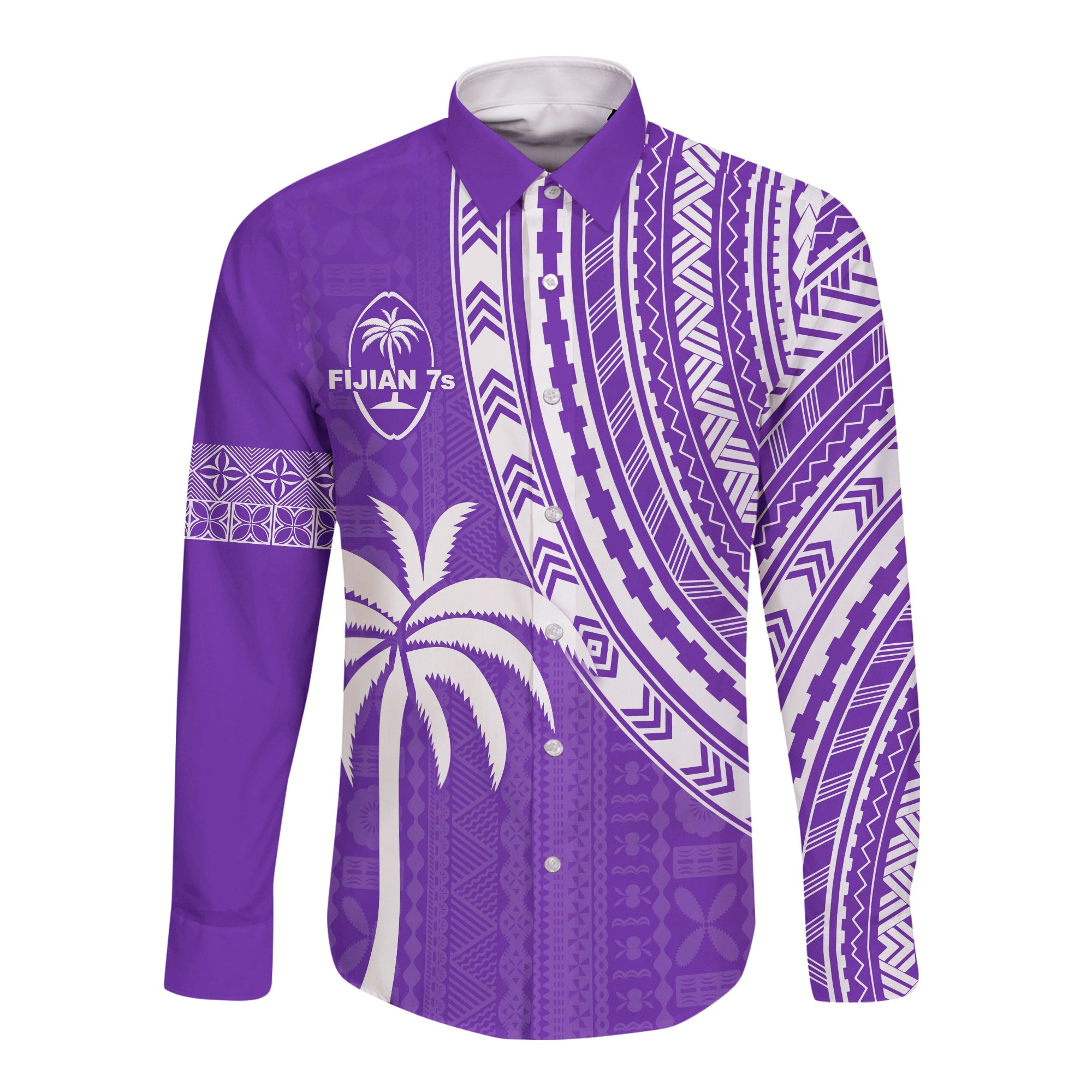 Fiji Rugby Sevens Long Sleeve Button Shirt Fijian 7s Tapa Polynesian Purple LT13 Unisex Purple - Polynesian Pride