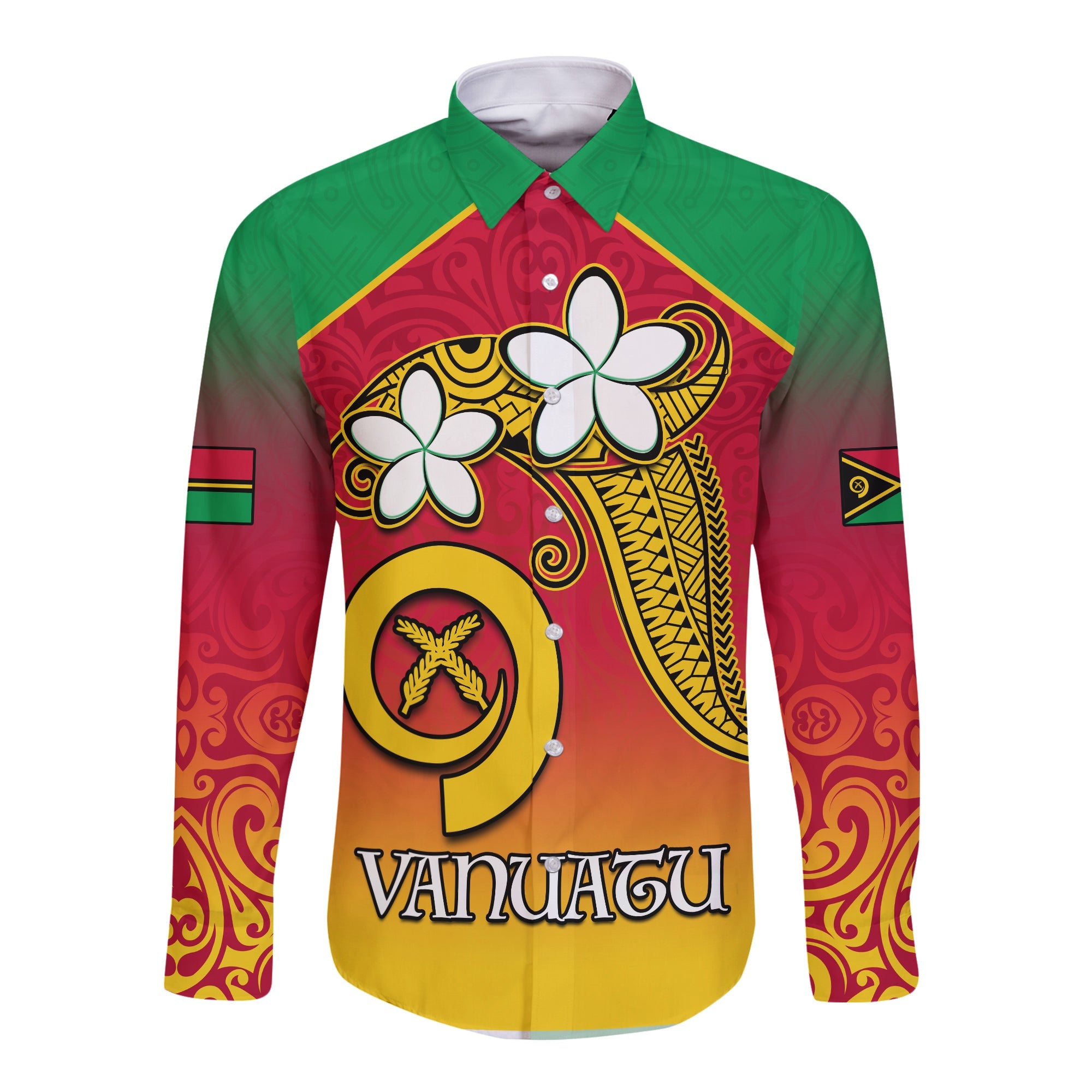 Vanuatu Novelty Long Sleeve Button Shirt Frangipani Tropical Spa Flower LT13 Unisex Red - Polynesian Pride