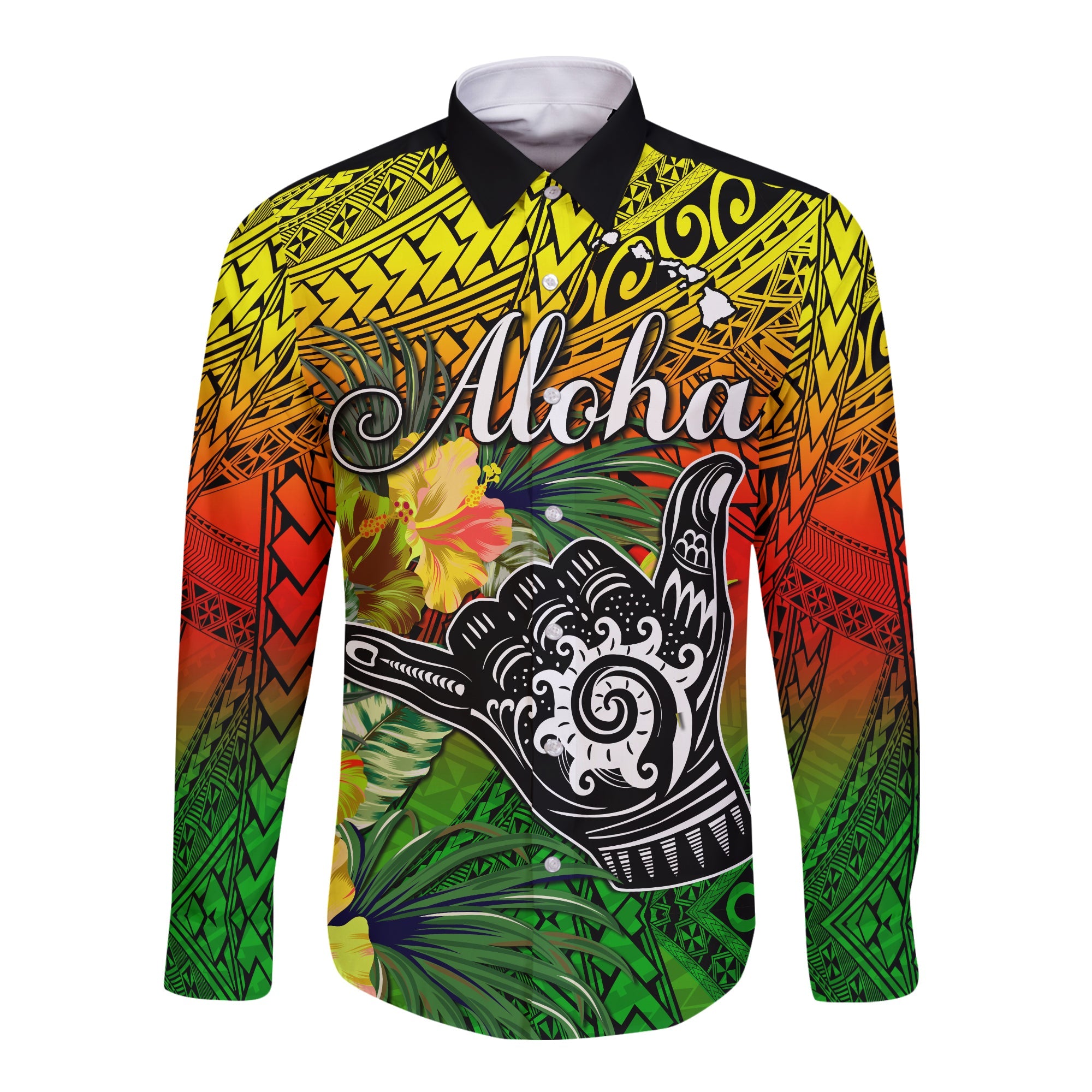 The Shaka Hawaii Long Sleeve Button Shirt Tropical Flowers Reggae Version LT13 Unisex Reggae - Polynesian Pride