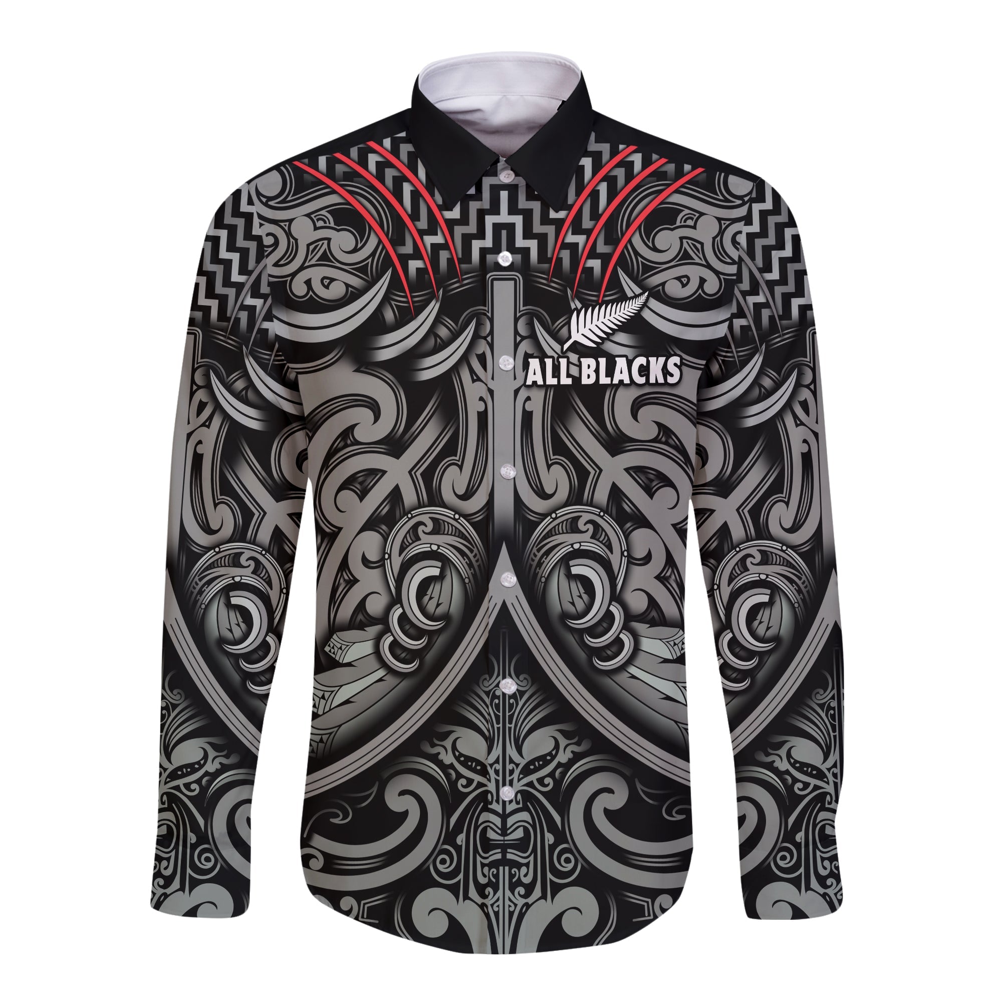 New Zealand Silver Fern Rugby Long Sleeve Button Shirt All Black NZ Maori Pattern LT13 Unisex Black - Polynesian Pride