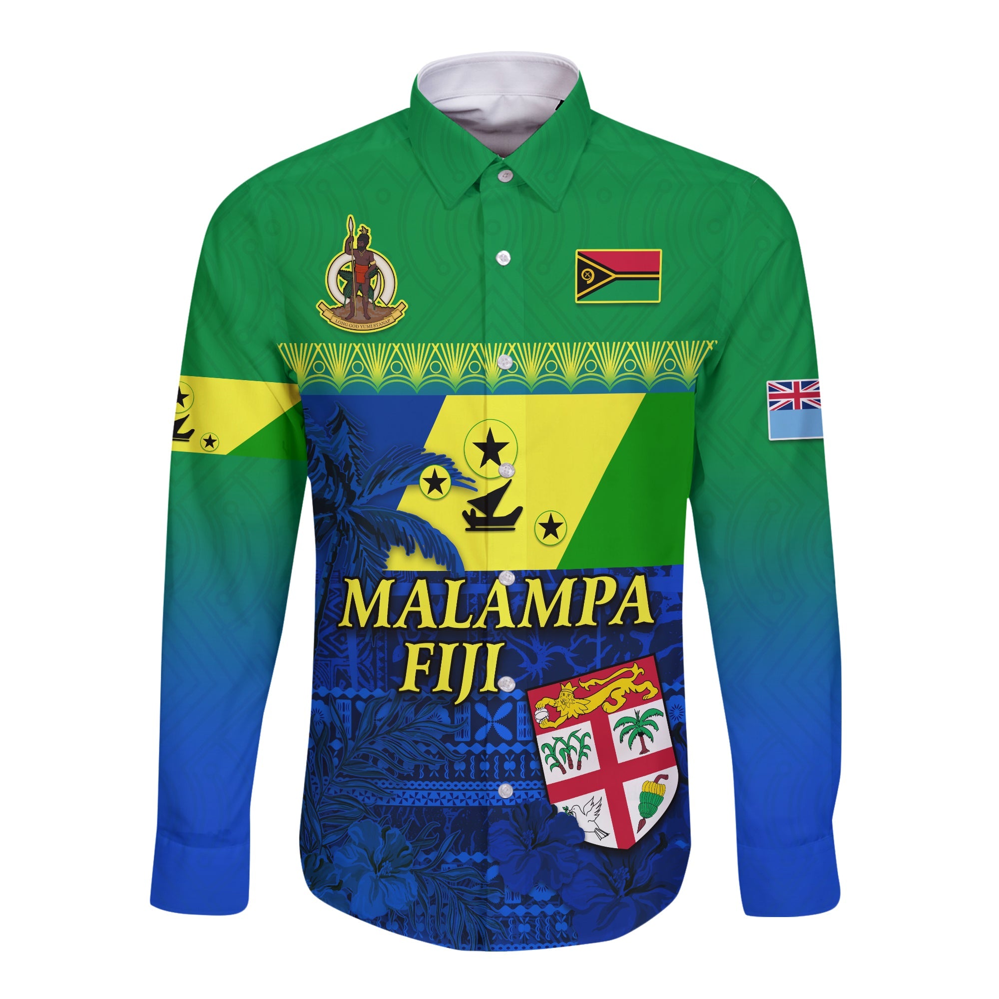 Malampa Fiji Day Long Sleeve Button Shirt Vanuatu Polynesia mix Flowers LT13 Unisex Green - Polynesian Pride