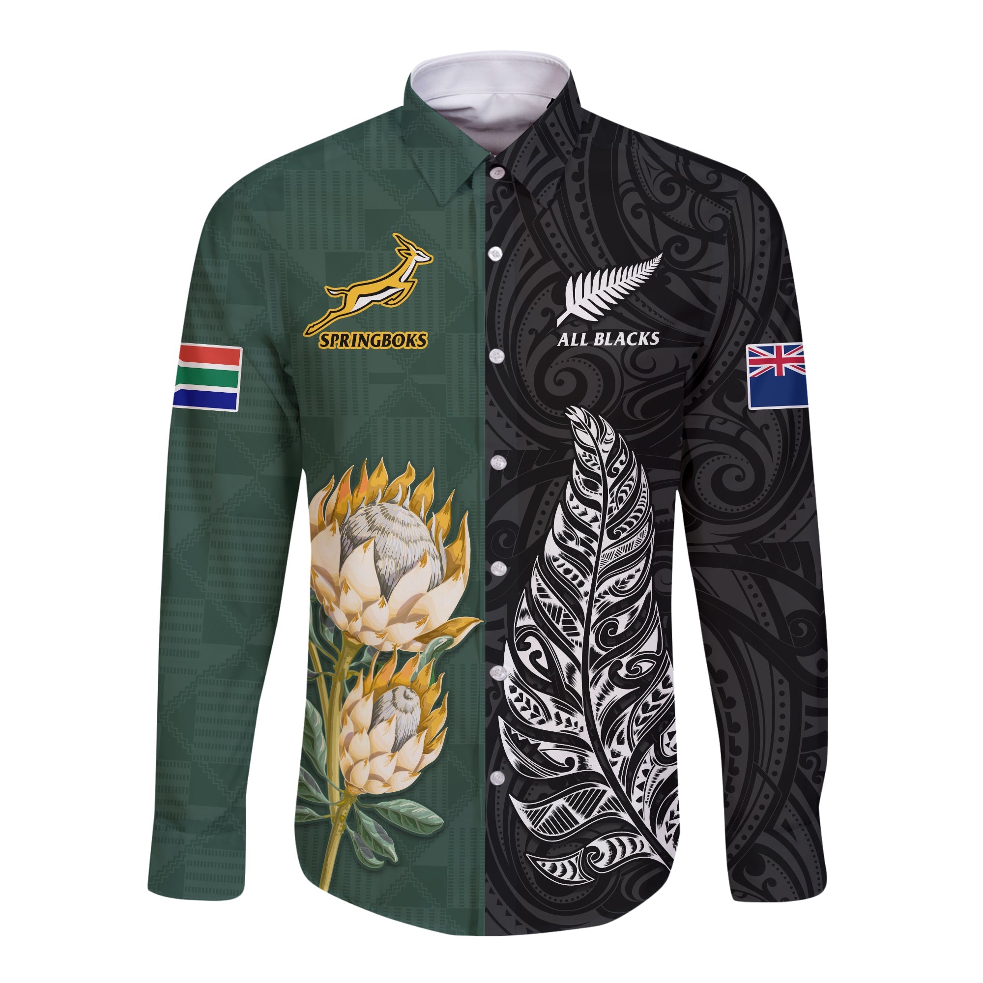 South Africa Protea and New Zealand Fern Long Sleeve Button Shirt Rugby Go Springboks vs All Black LT13 Unisex Art - Polynesian Pride