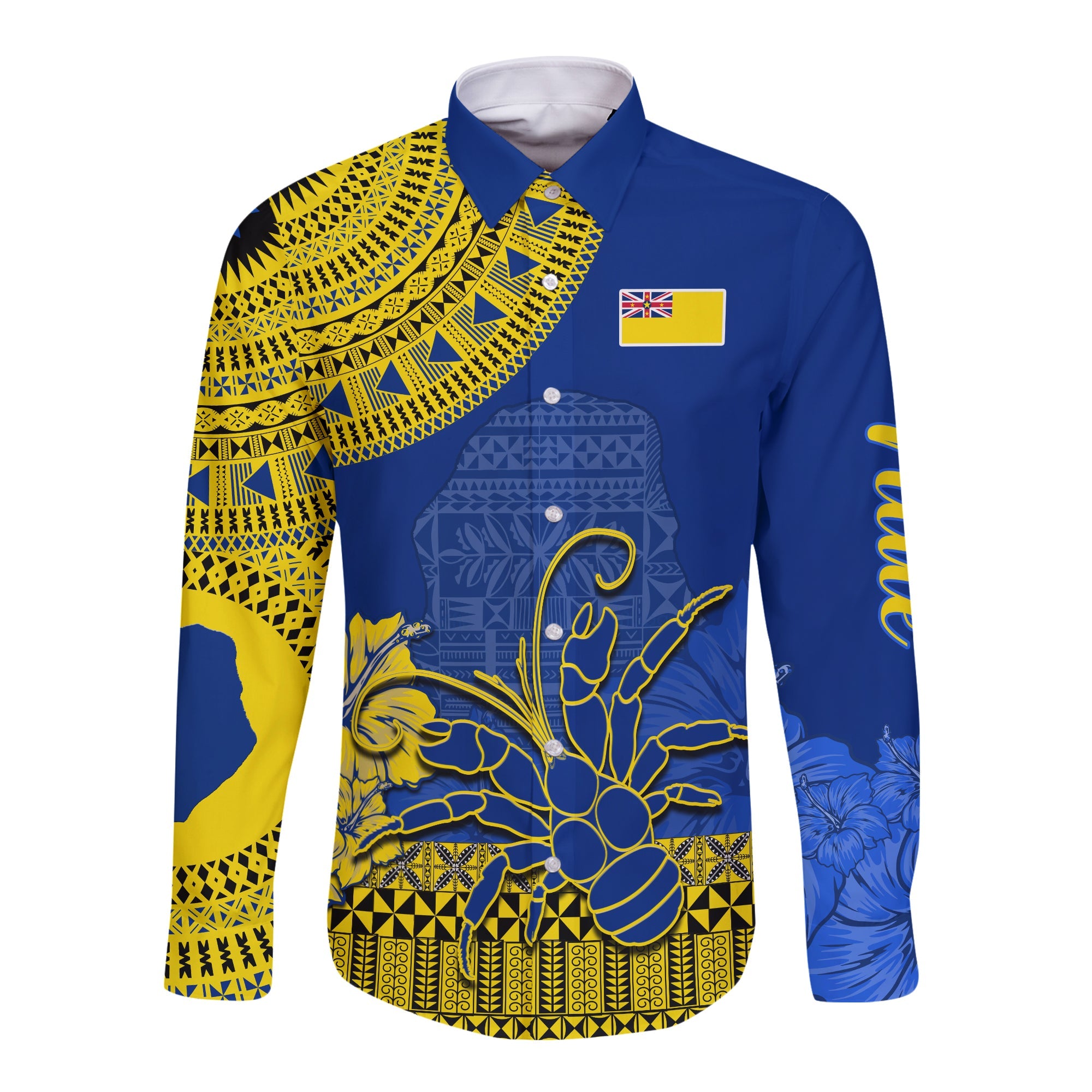 Niue Hiapo Long Sleeve Button Shirt Rock of Polynesia Tapa Niuean Crab Happy Day LT13 Unisex Blue - Polynesian Pride