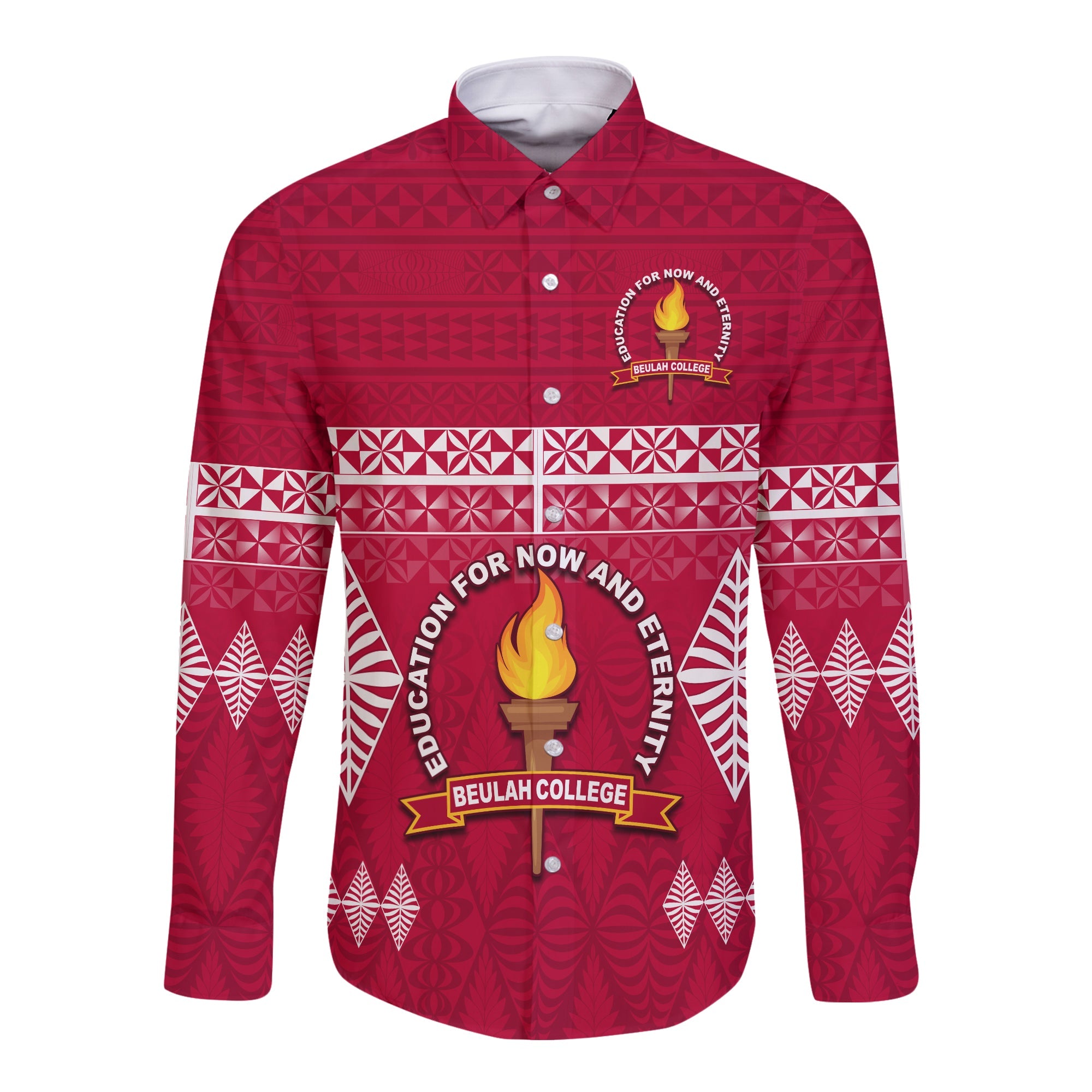 Beulah College Long Sleeve Button Shirt Ngatu Pattern Tonga LT13 Unisex Maroon - Polynesian Pride