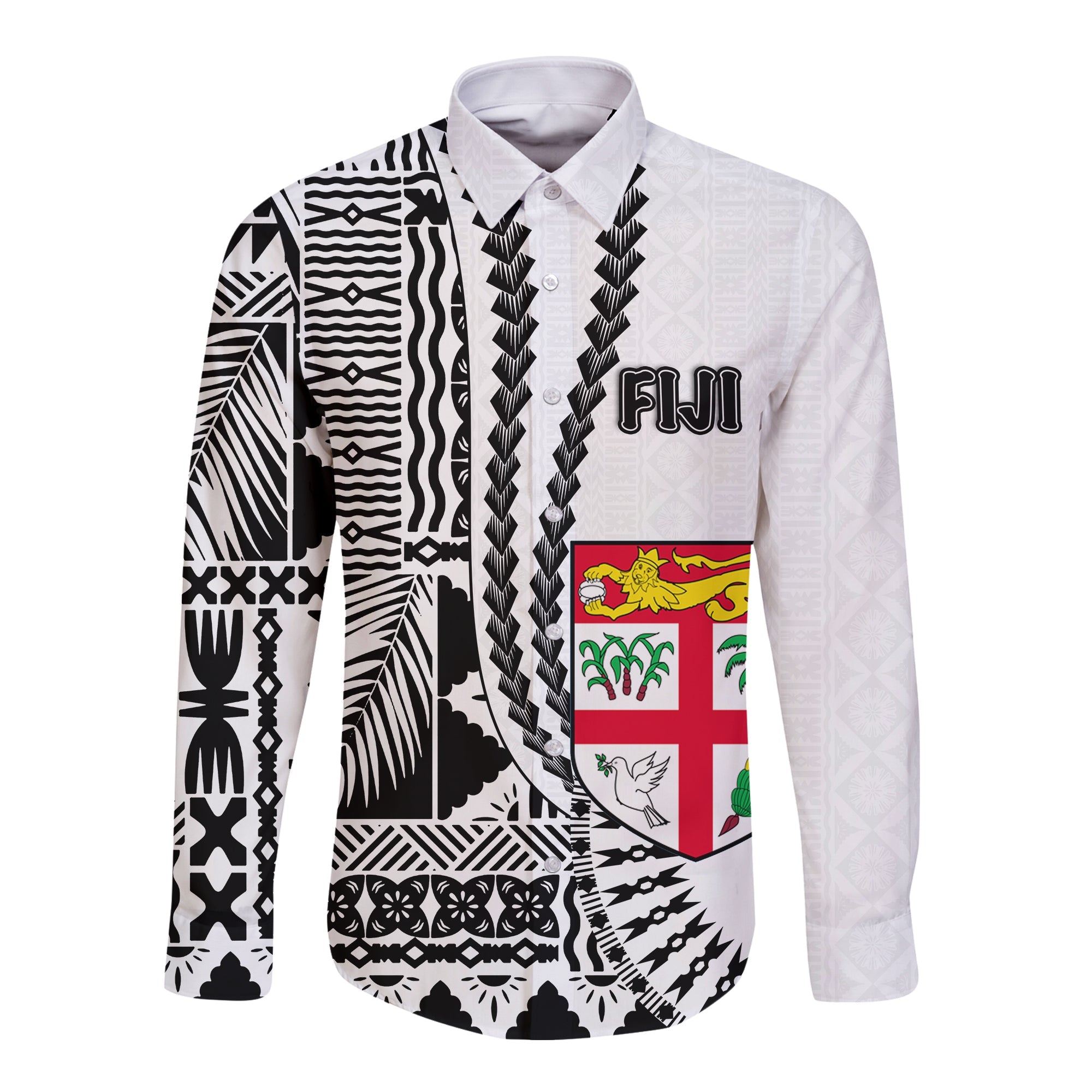 (Custom Personalised) Fiji Long Sleeve Button Shirt Masi Tapa Patterns White Style LT6 Unisex White - Polynesian Pride