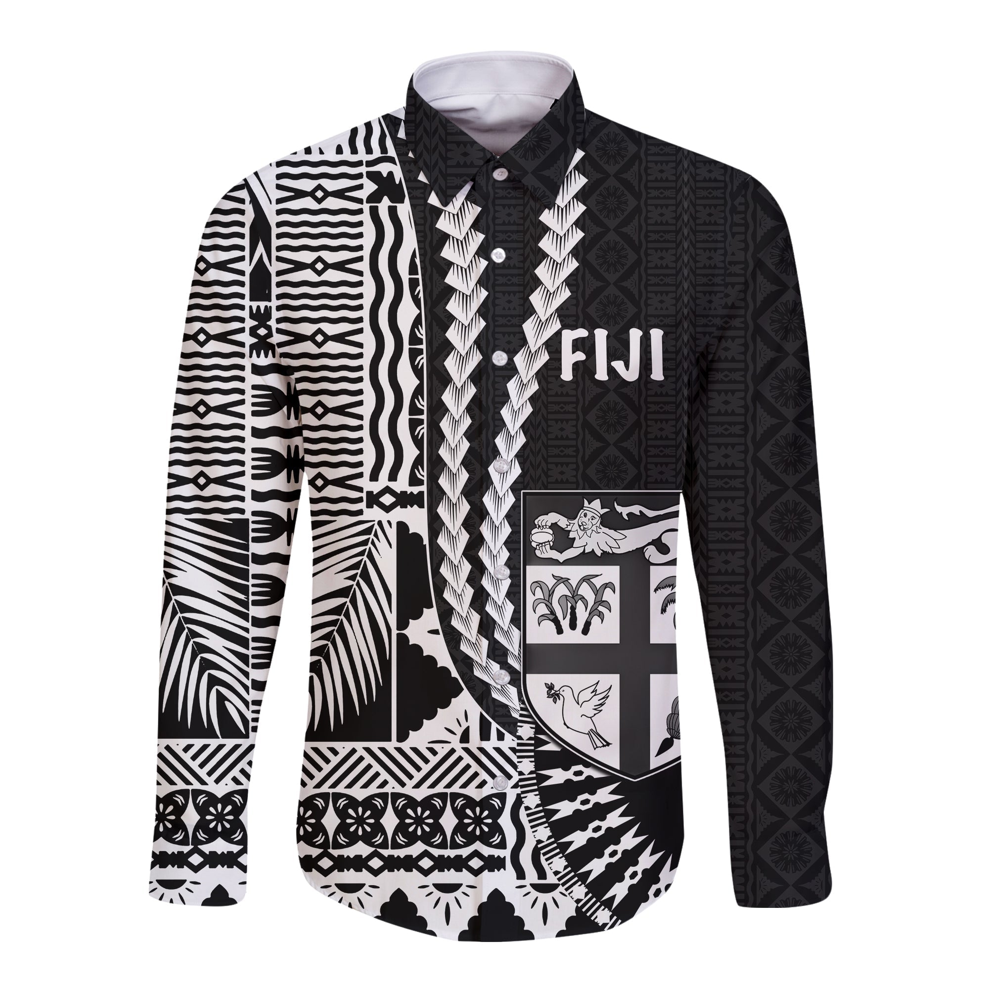 (Custom Personalised) Fiji Long Sleeve Button Shirt Masi Tapa Patterns Black Style LT6 Unisex Black - Polynesian Pride