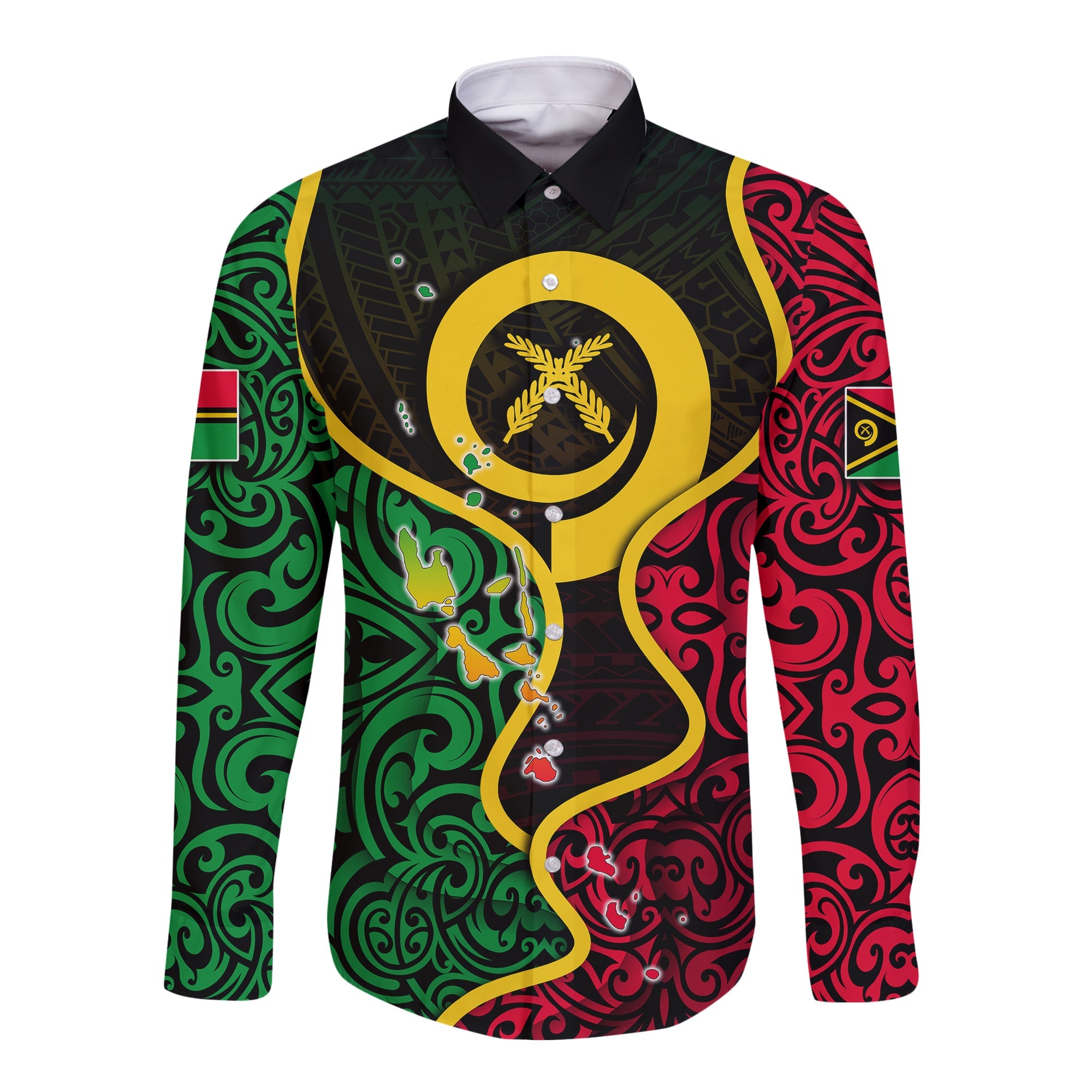 (Custom Personalised) Vanuatu Off Shoulder Long Sleeve Button Shirt Flag Special Style LT6 Unisex Black - Polynesian Pride