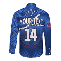 (Custom Text And Number) Samoa Rugby Long Sleeve Button Shirt Manu Samoa Polynesian Hibiscus Blue Style LT14 - Polynesian Pride
