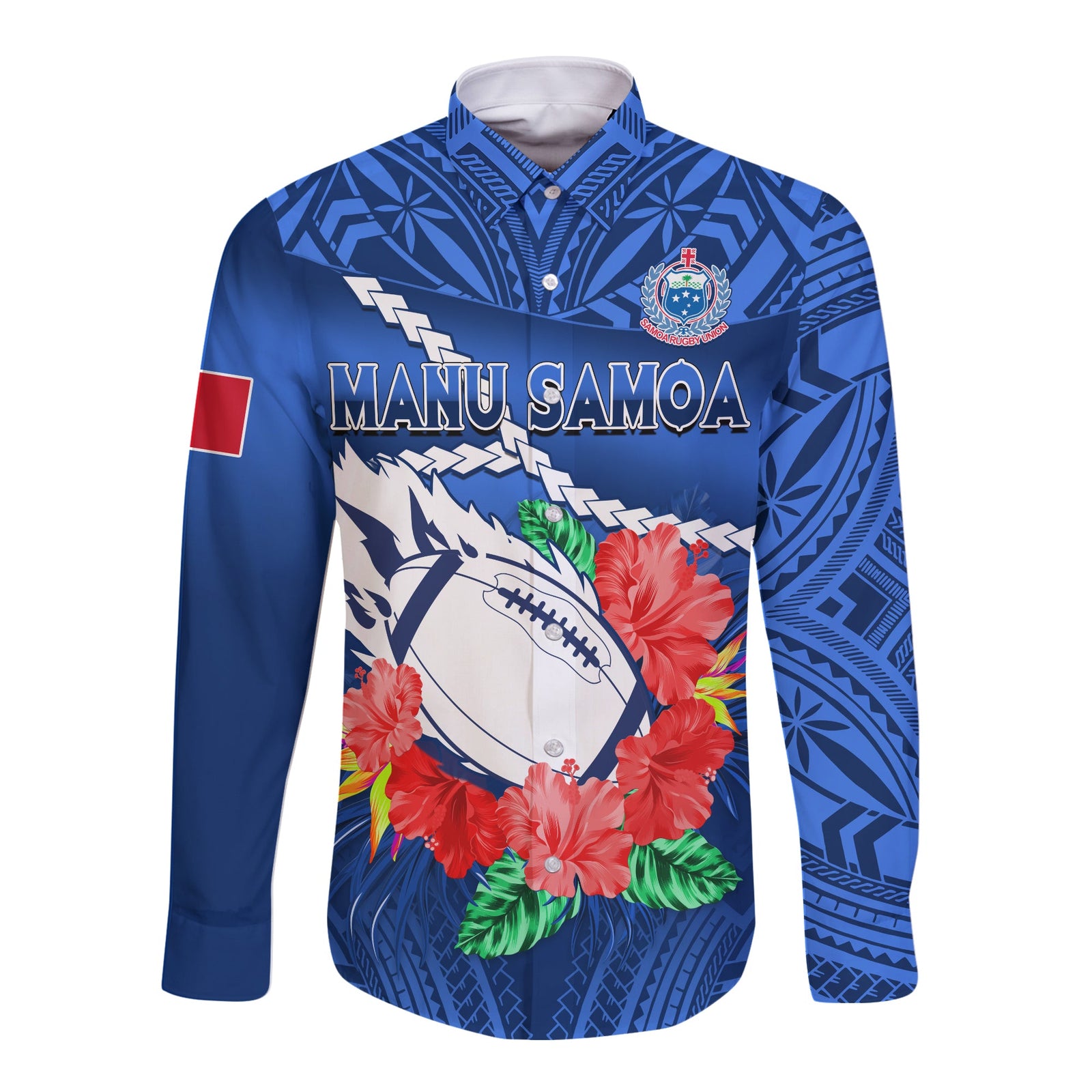 Samoa Rugby Long Sleeve Button Shirt Manu Samoa Polynesian Hibiscus Blue Style LT14 Unisex Blue - Polynesian Pride