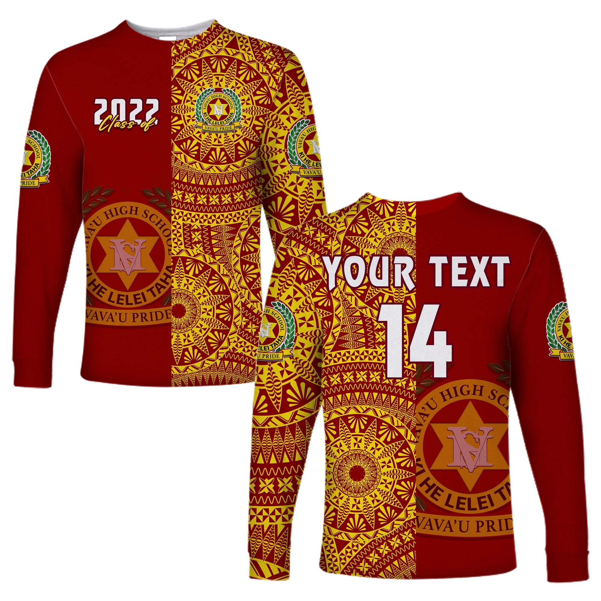 (Custom Text And Number) Tonga Vavau High School Long Sleeve Shirt Class Of Year Tongan Ngatu Pattern LT14 Unisex Red - Polynesian Pride