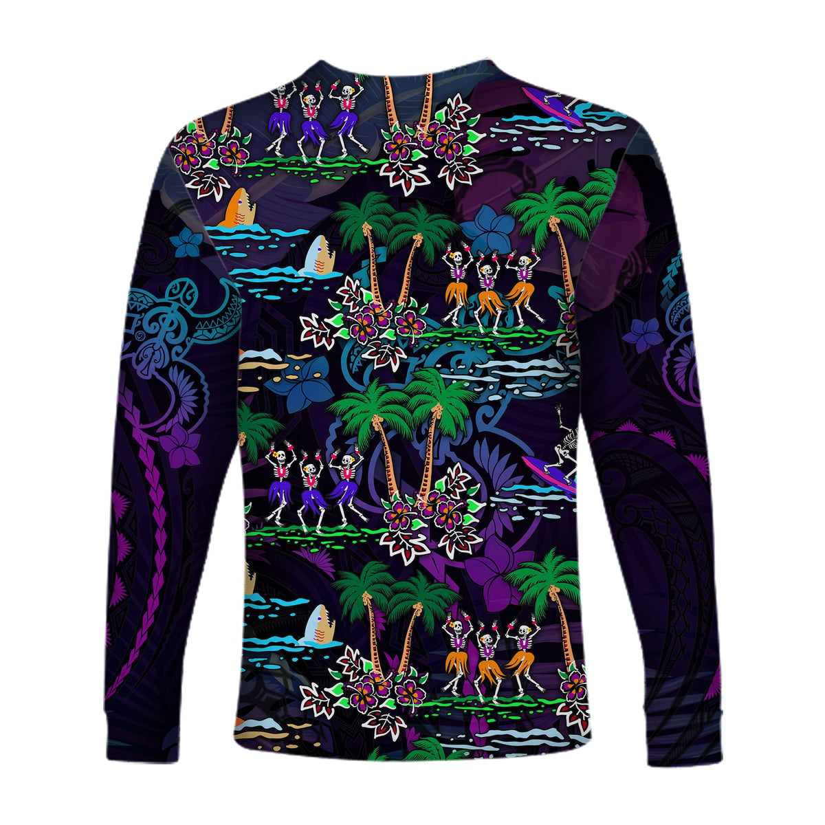 Hawaii Skeleton Dancing Long Sleeve Shirt Halloween Hawaiian Turtle LT13 - Polynesian Pride