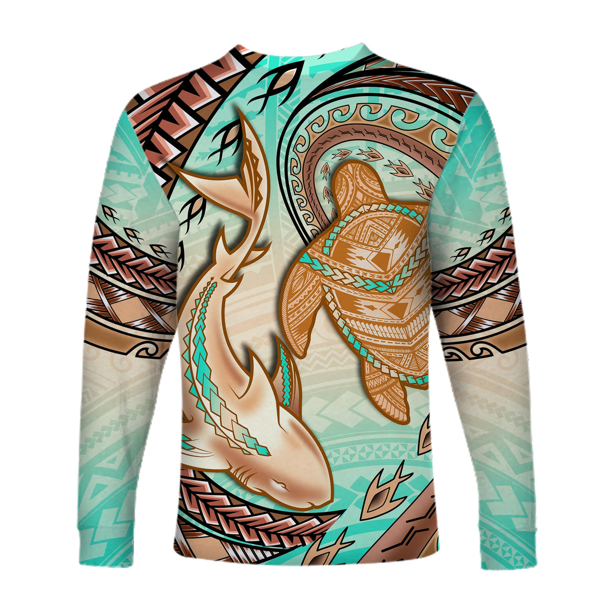 Hawaii Long Sleeve Shirt Polynesian Shark And Sea Turtle Dreamy Turquoise Artsy LT14 - Polynesian Pride