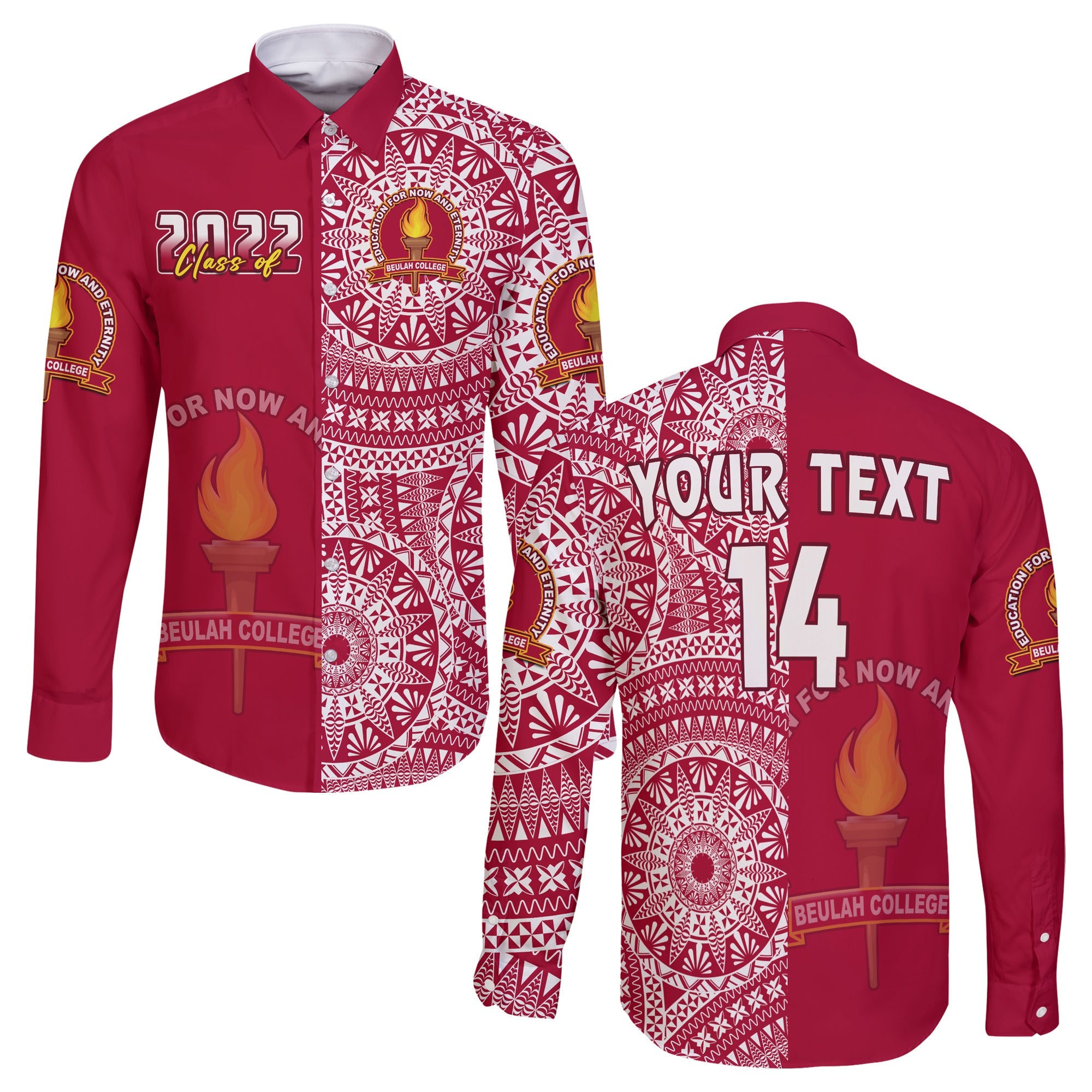 (Custom Text And Number) Beulah Tonga College Long Sleeve Button Shirt Class Of Year Tongan Ngatu Pattern LT14 Unisex Maroon - Polynesian Pride