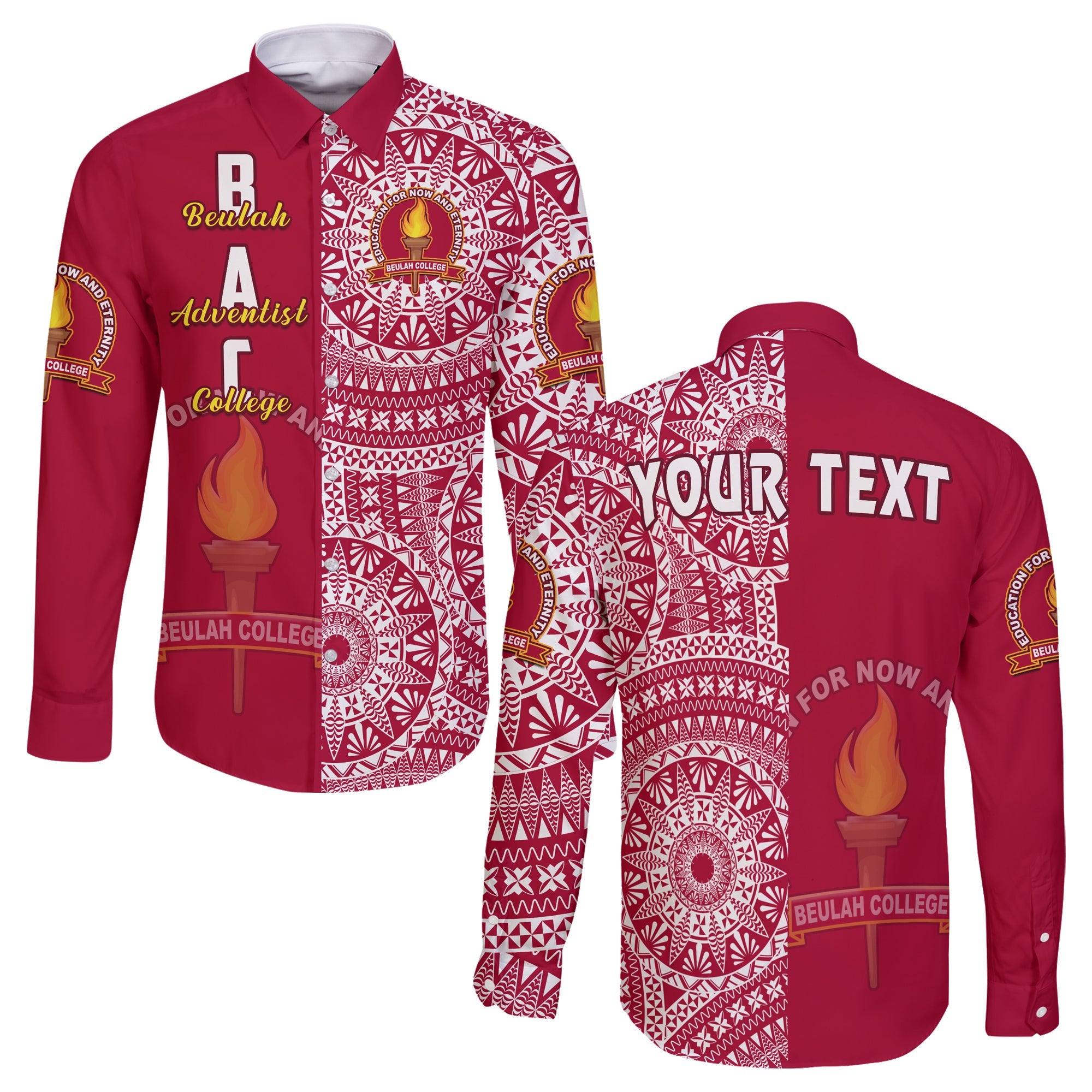 (Custom Personalised) Beulah Tonga College Long Sleeve Button Shirt Tongan Ngatu Pattern LT14 Unisex Maroon - Polynesian Pride