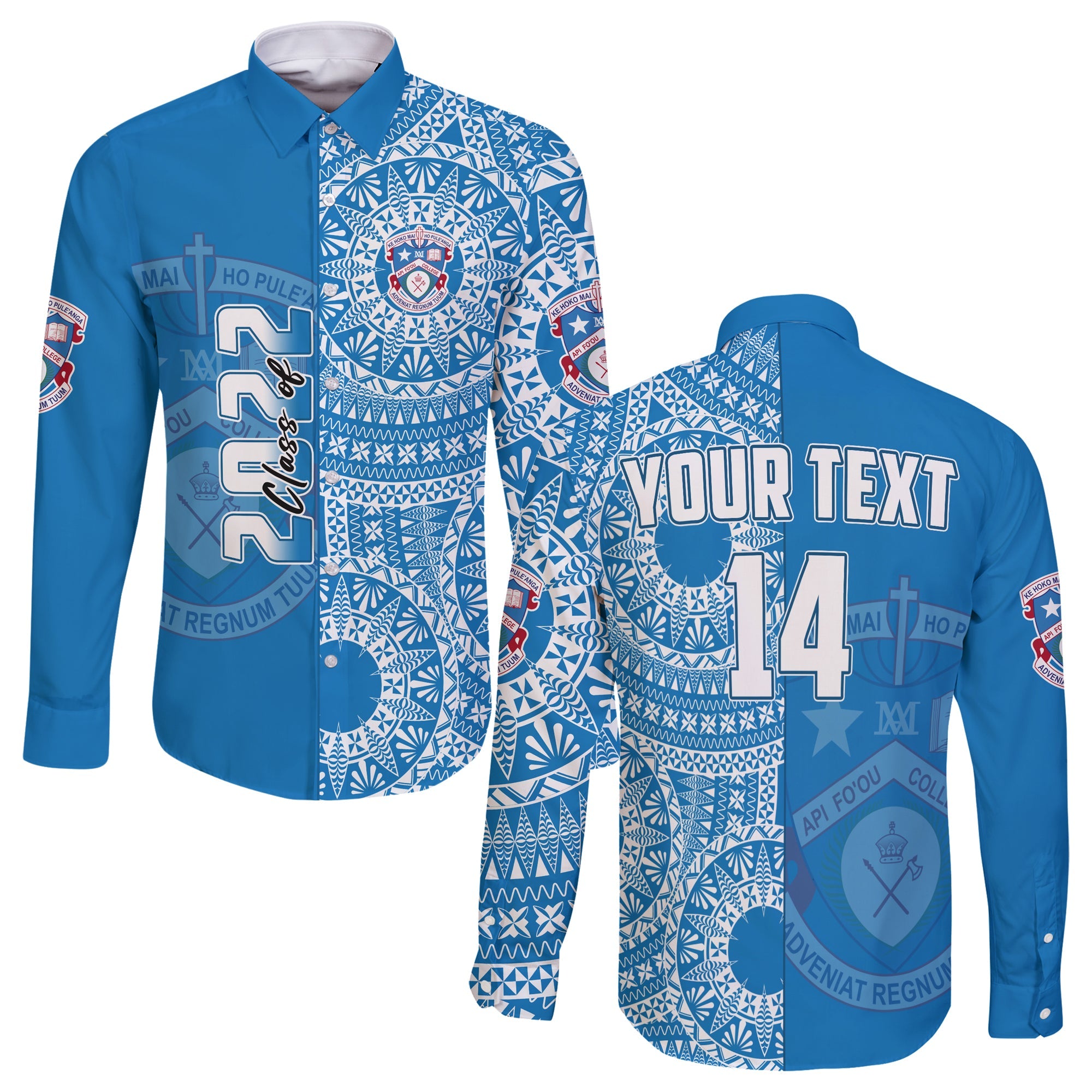 (Custom Text And Number) Apifoou Tonga College Long Sleeve Button Shirt Class Of Year Tongan Ngatu Pattern LT14 Unisex Blue - Polynesian Pride