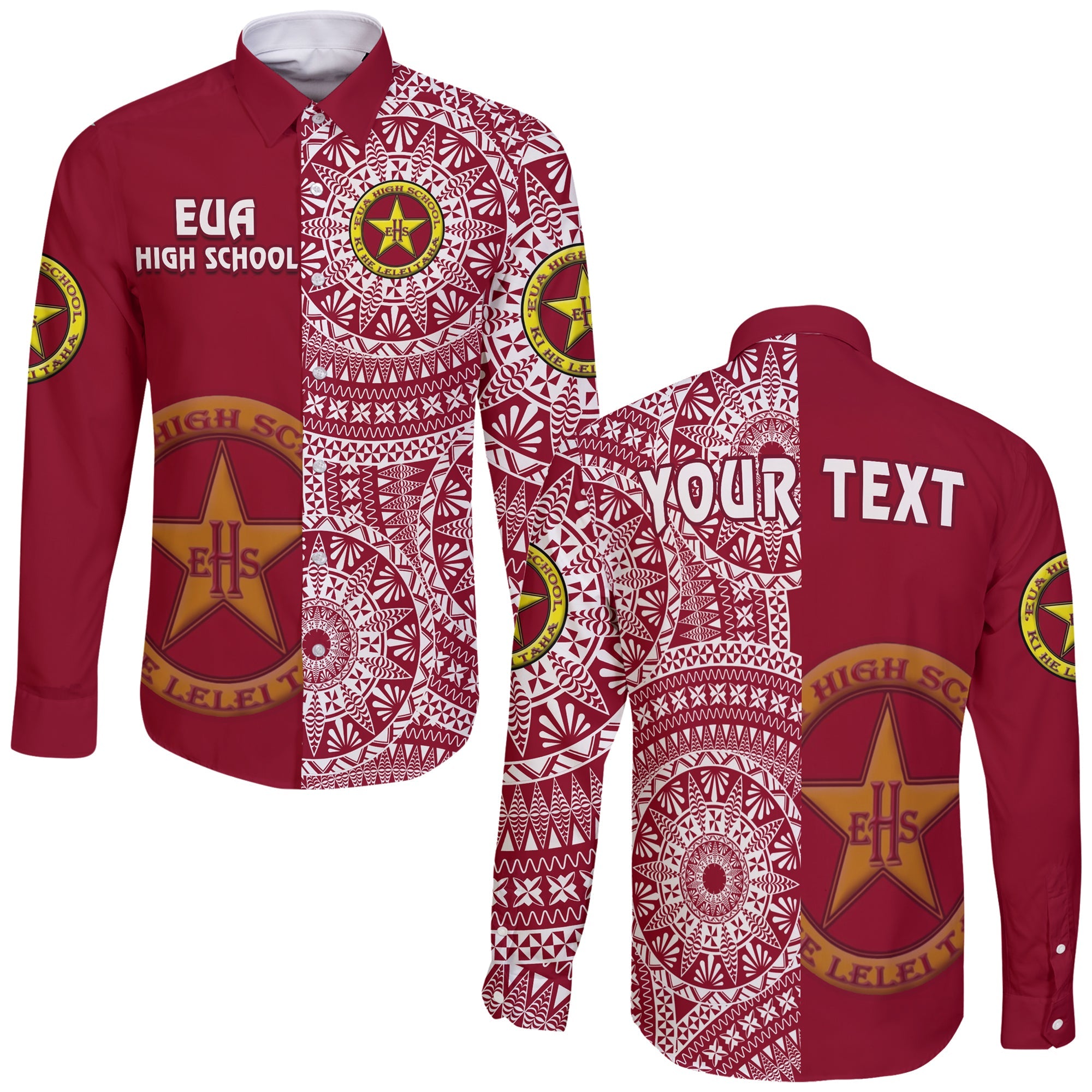 (Custom Personalised) Tonga Eua High School Long Sleeve Button Shirt Tongan Ngatu Pattern LT14 Unisex Maroon - Polynesian Pride