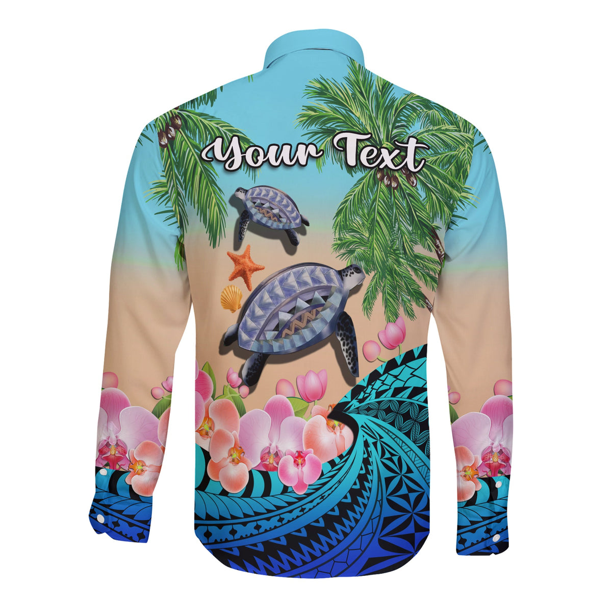 (Custom Personalised) Polynesian Turtle Coconut Tree And Orchids Long Sleeve Button Shirt LT14 - Polynesian Pride