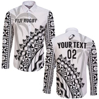 (Custom Text And Number) Fiji Rugby Long Sleeve Button Shirt Fijian Cibi Dance Tapa Pattern White LT14 Unisex White - Polynesian Pride