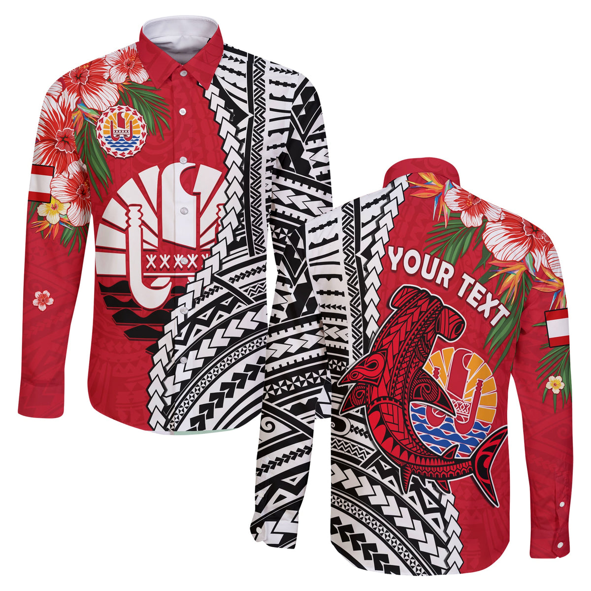 (Custom Personalised) Tahiti Islands Long Sleeve Button Shirt Polynesian Shark Mix Tropical Flowers LT14 Unisex Red - Polynesian Pride