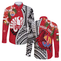 (Custom Personalised) Tahiti Islands Long Sleeve Button Shirt Polynesian Shark Mix Tropical Flowers LT14 Unisex Red - Polynesian Pride