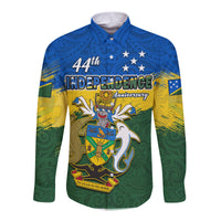 Solomon Islands Long Sleeve Button Shirt Happy 44th Independence Anniversary Polynesian Pattern LT14 Unisex Blue - Polynesian Pride