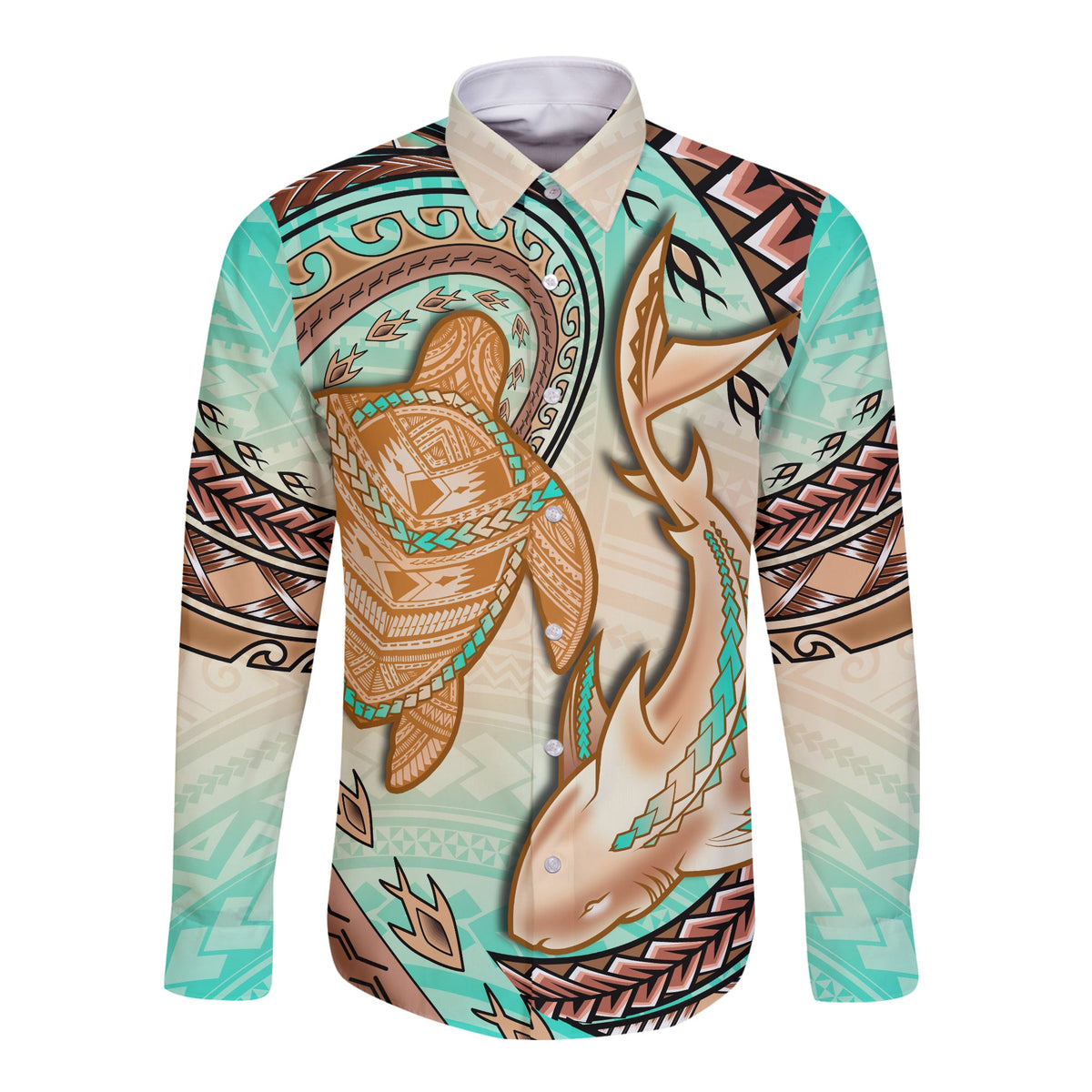 Hawaii Long Sleeve Button Shirt Polynesian Shark And Sea Turtle Dreamy Turquoise Artsy LT14 Unisex Turquoise - Polynesian Pride