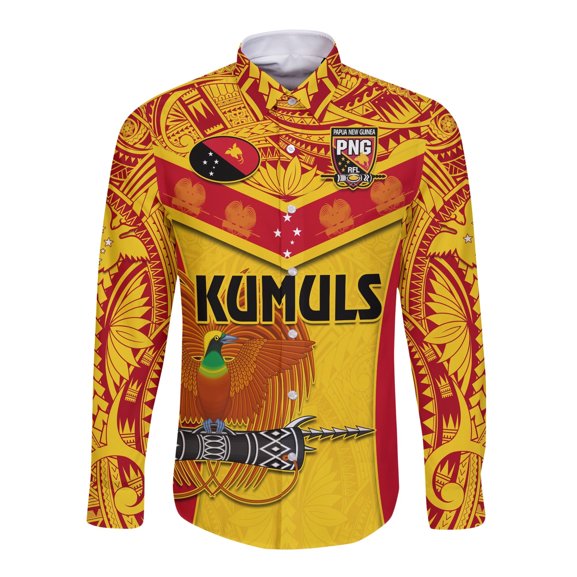 Papua New Guinea Rugby Long Sleeve Button Shirt PNG Kumuls Bird Of Paradise Yellow LT14 Unisex Yellow - Polynesian Pride