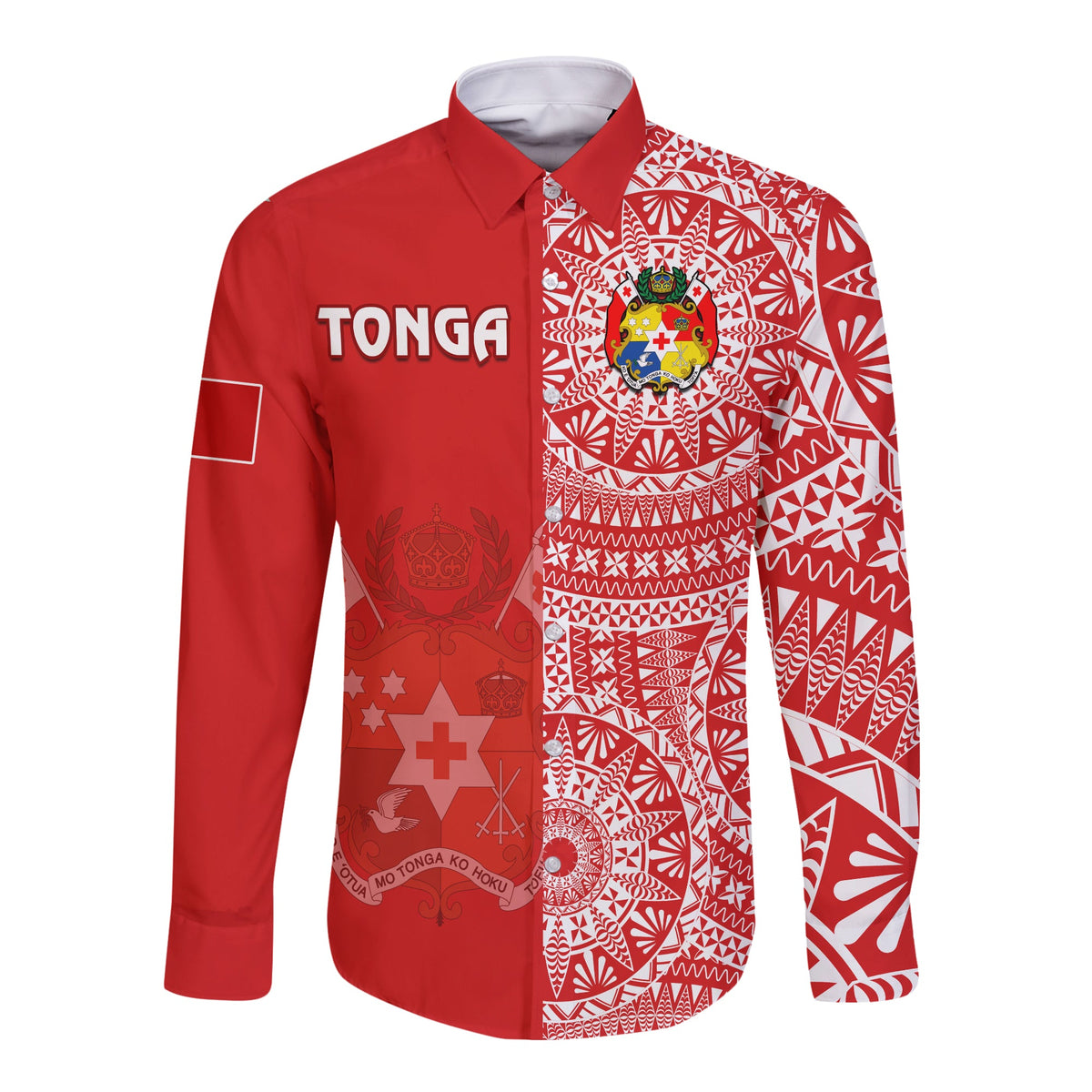 (Custom Text And Number) Tonga Long Sleeve Button Shirt Tongan Coat Of Arms Ngatu Pattern LT14 - Polynesian Pride