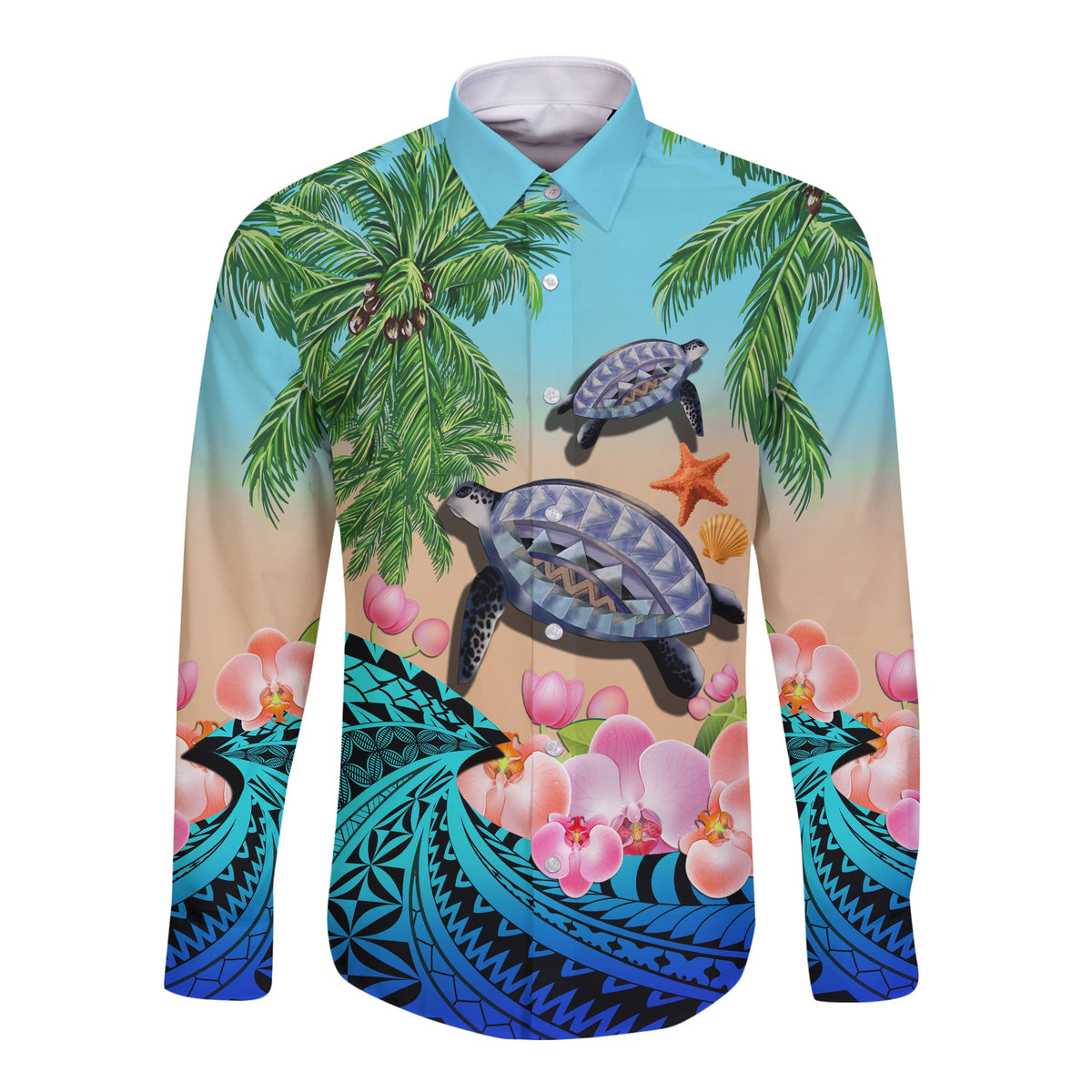 (Custom Personalised) Polynesian Turtle Coconut Tree And Orchids Long Sleeve Button Shirt LT14 - Polynesian Pride
