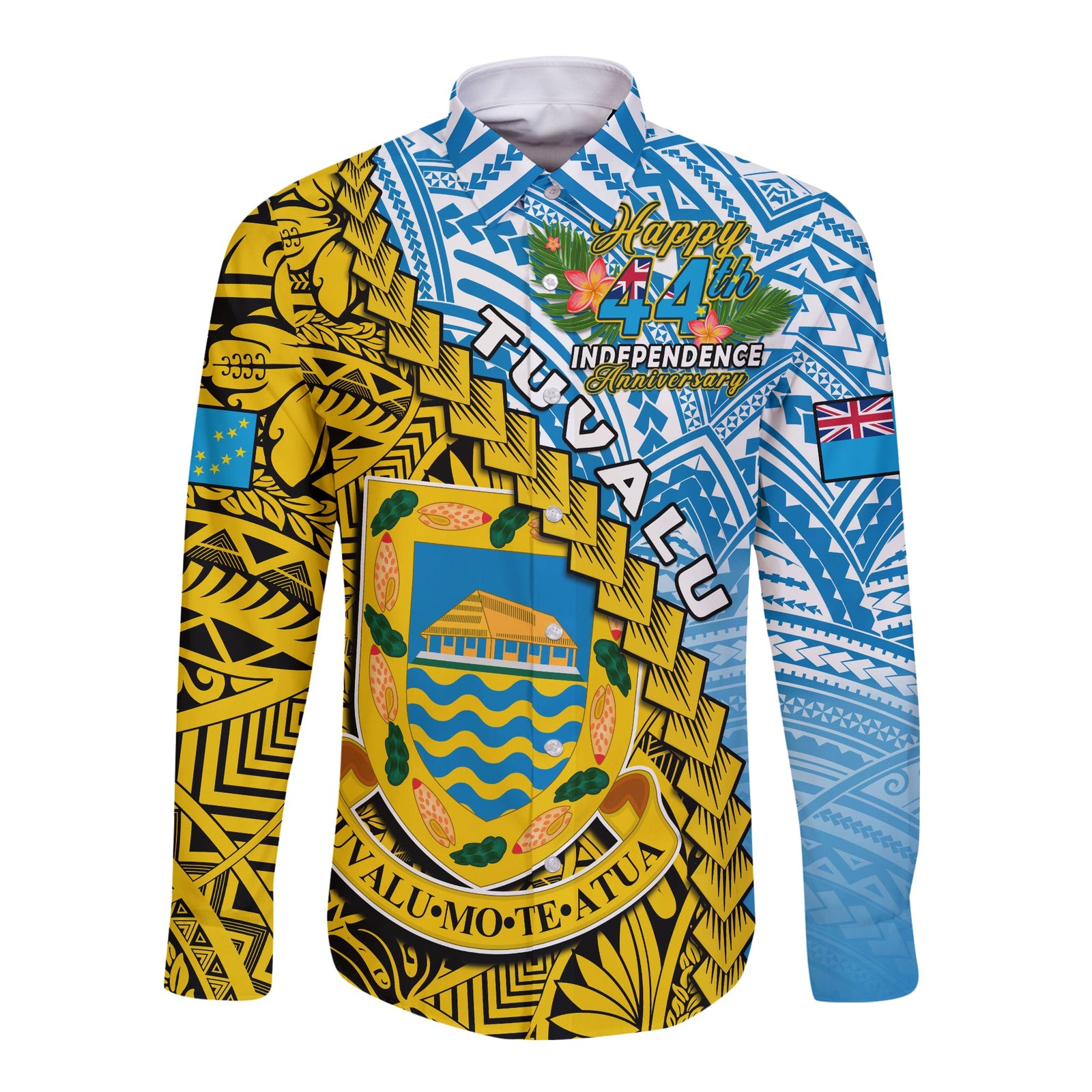 Tuvalu 1978 Long Sleeve Button Shirt Happy 44th Independence Anniversary Polynesian Pattern LT14 Unisex Yellow - Polynesian Pride