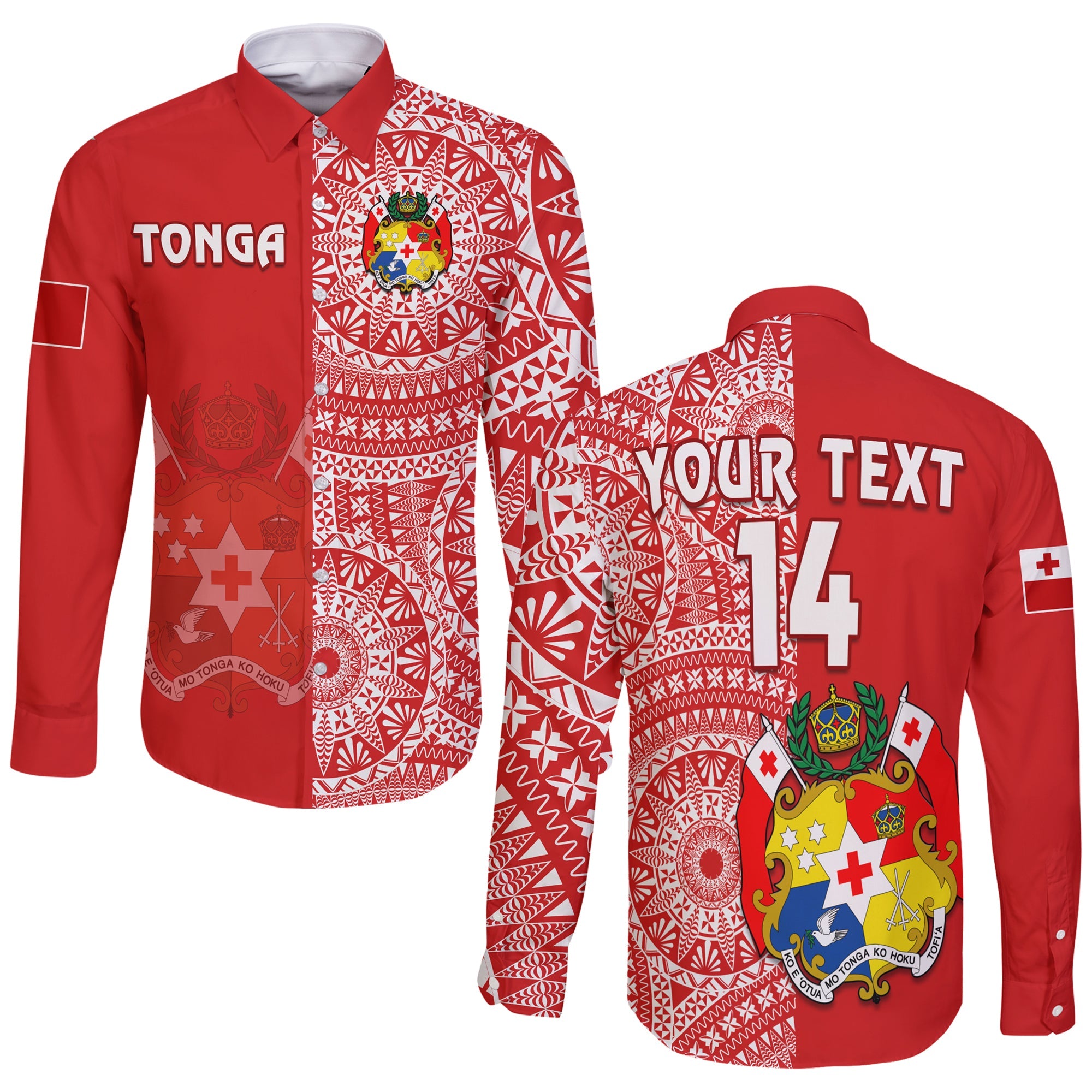 (Custom Text And Number) Tonga Long Sleeve Button Shirt Tongan Coat Of Arms Ngatu Pattern LT14 Unisex Red - Polynesian Pride