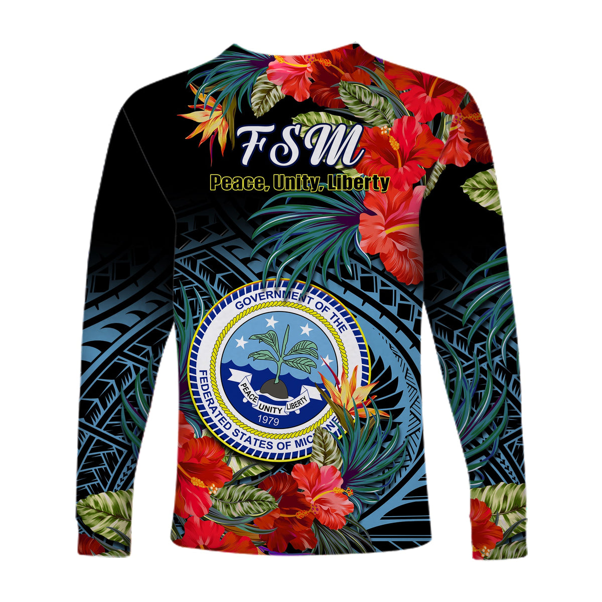 Federated States of Micronesia Long Sleeve Shirt Hibiscus Flowers FSM Seal Polynesian LT14 - Polynesian Pride