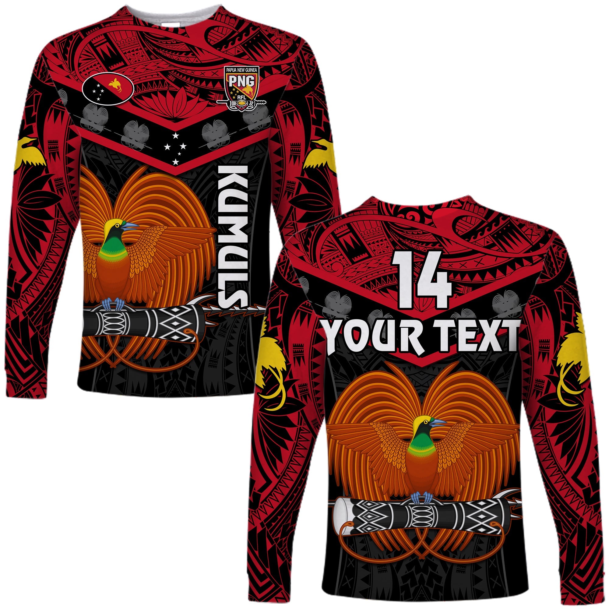 (Custom Text And Number) Papua New Guinea Rugby Long Sleeve Shirt PNG Kumuls Bird Of Paradise Black LT14 Unisex Black - Polynesian Pride