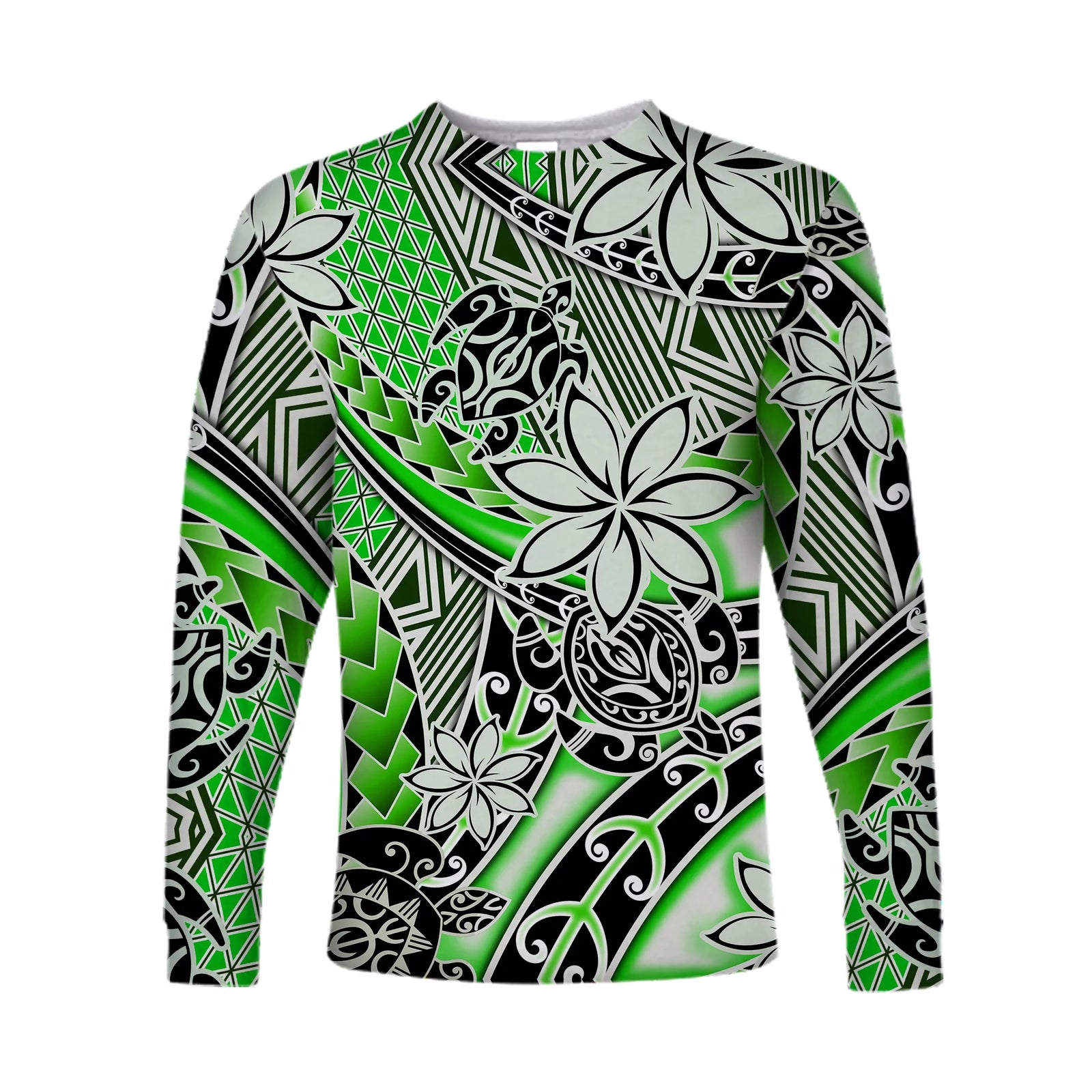 (Custom Personalised) Hawaii Long Sleeve Shirt Tribal Plumeria With Polynesian Turtle Ver.01 LT14 Unisex Green - Polynesian Pride