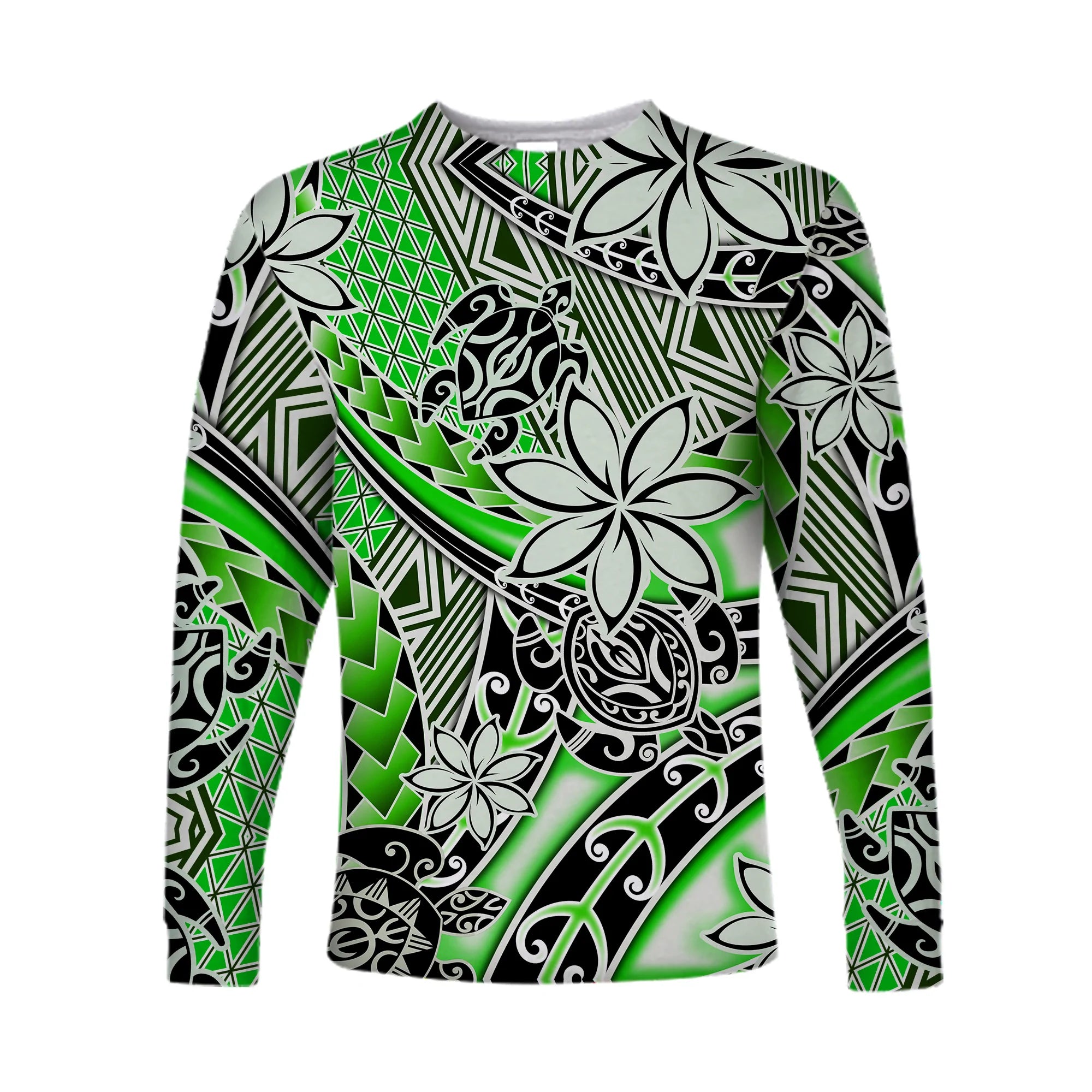 (Custom Personalised) Hawaii Long Sleeve Shirt Tribal Plumeria With Polynesian Turtle Ver.01 LT14 Unisex Green - Polynesian Pride