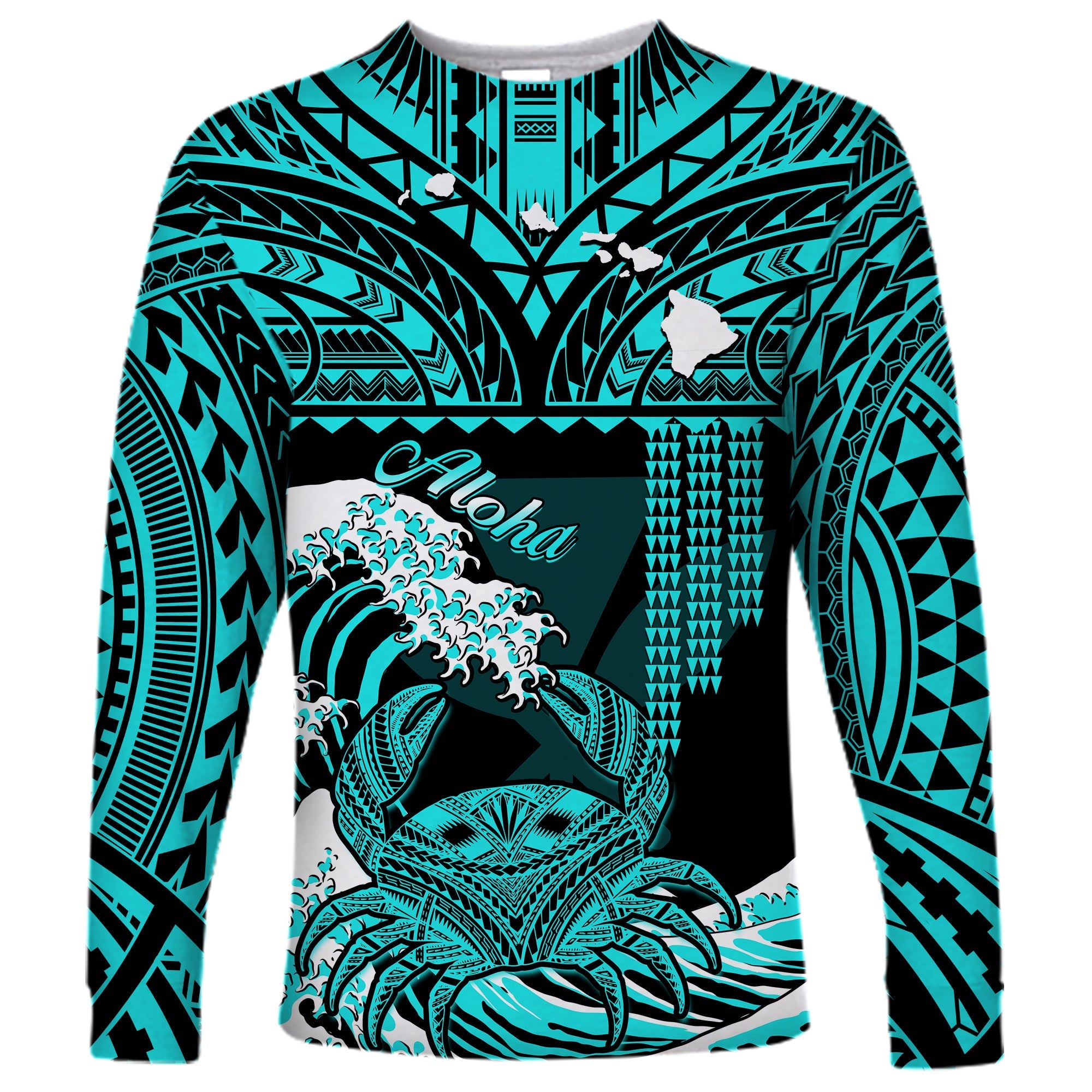 (Custom Personalised) Hawaii Long Sleeve Shirt Kakau Polynesian Crab With Waves Ver.01 LT14 Unisex Turquoise - Polynesian Pride